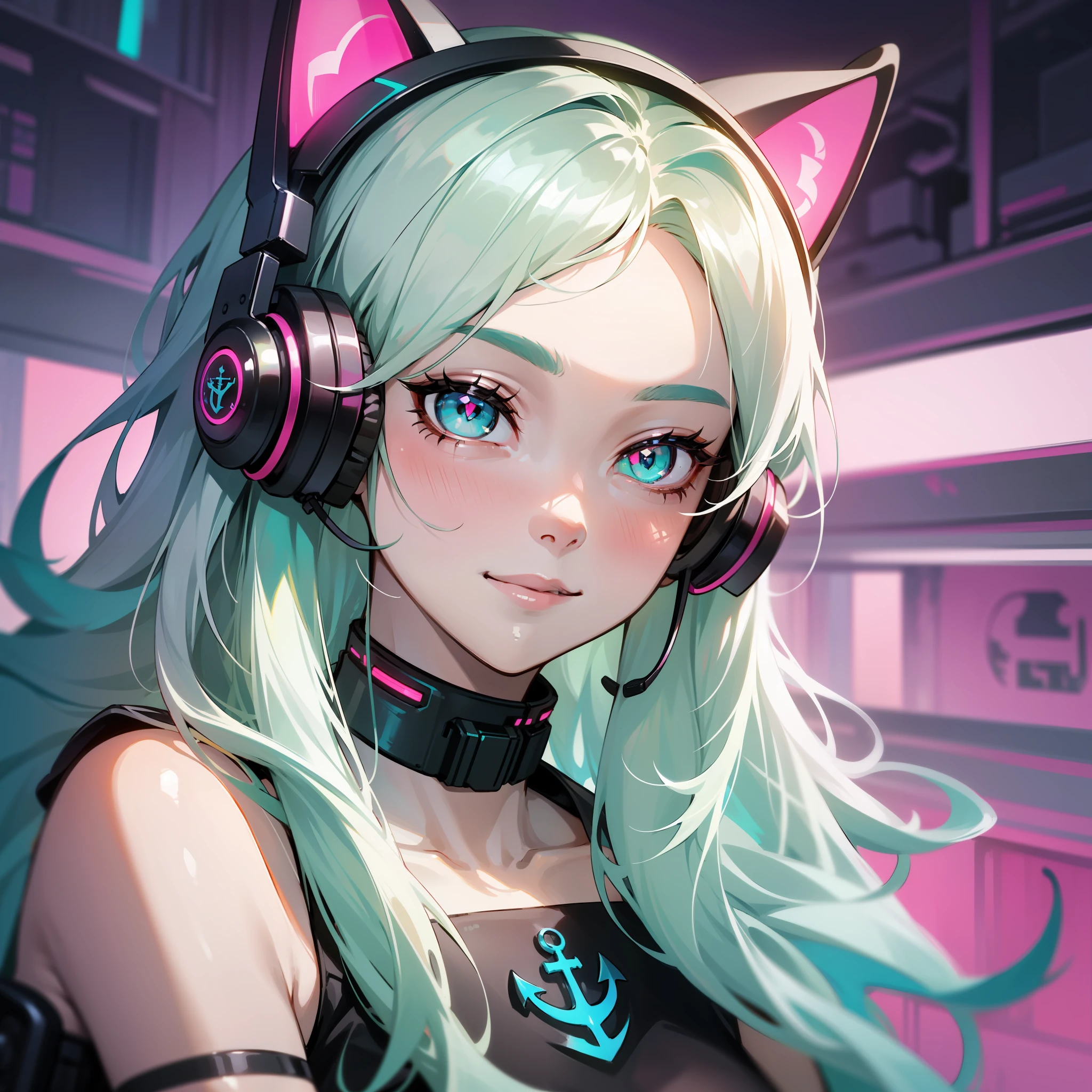 streaked hair, silver hair, anchor choker, mismatched pupils, longeyelashes, aqua eyes, A fantastic cyberpunk girl, light smile, Long legs, colored inner hair, cat ear headphones, heart-shaped pupils, close-up, high detail, Futurism, 8k, super detail, high quality, highres, high details, masterpiece