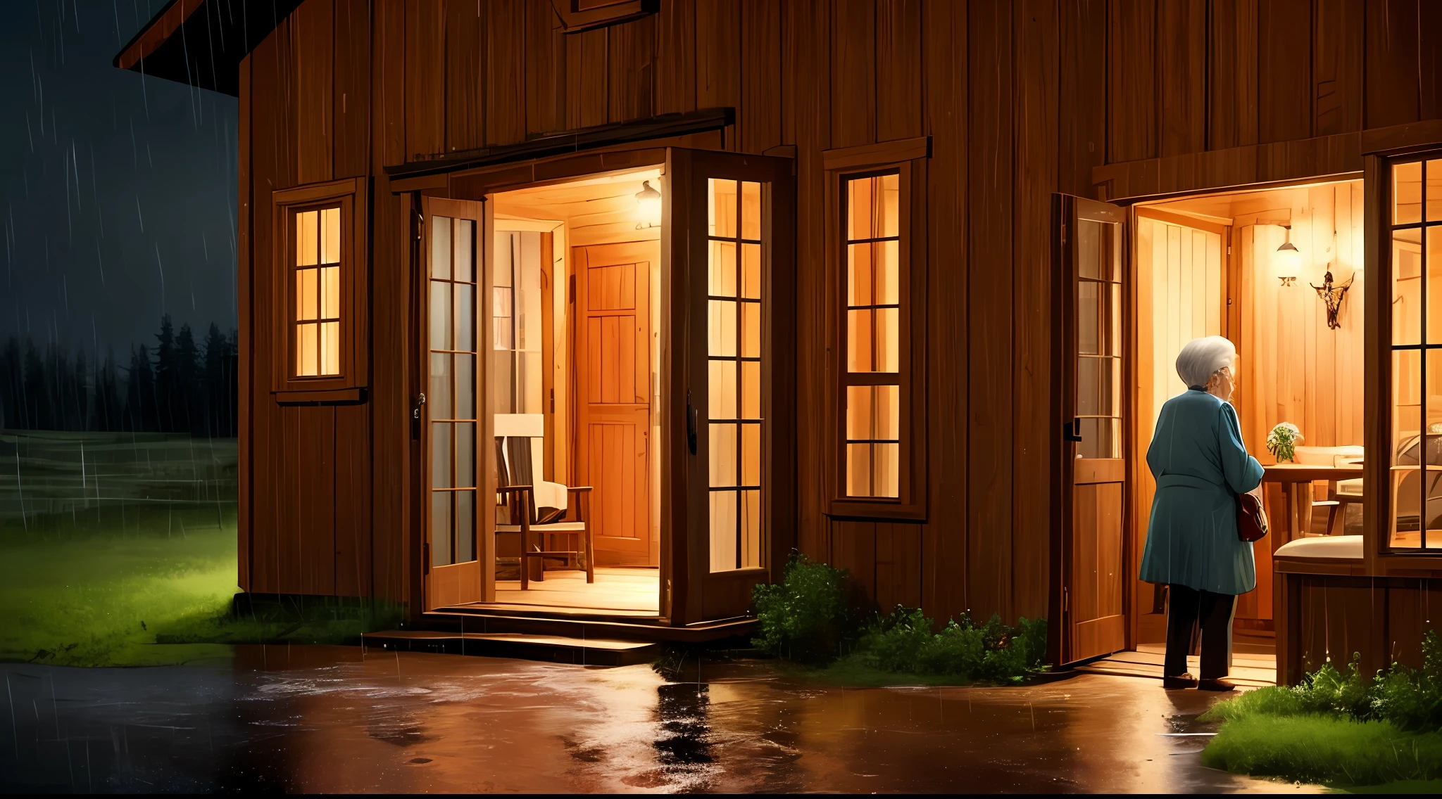 Cabin in the woods with a very old lady at the door on a rainy night --auto