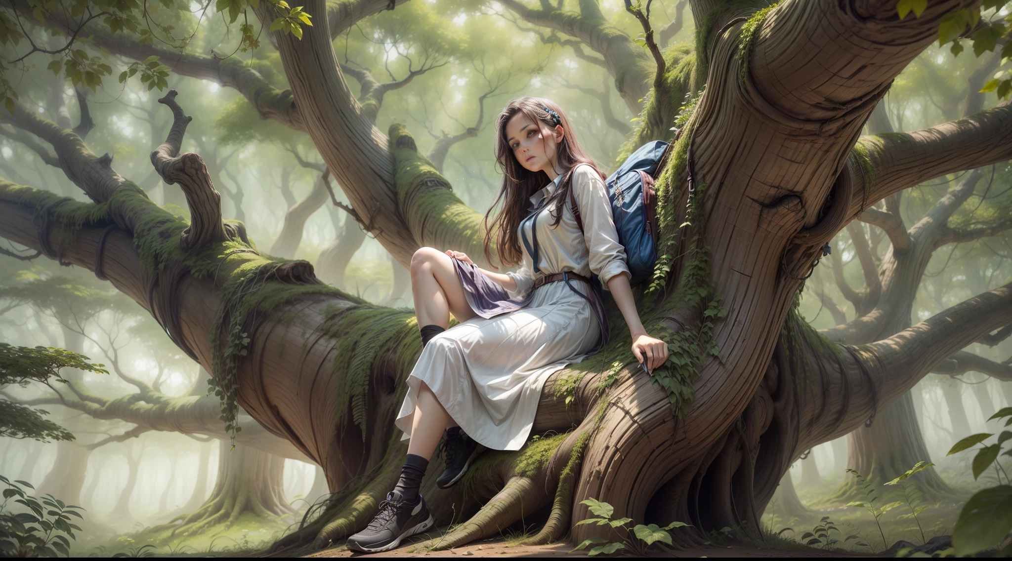 Certo dia, enquanto caminhava em um bosque tranquilo, The young woman came across a majestic oak tree. Its branches stretched skyward, parecendo tocar as estrelas. Fascinada, a jovem decidiu se aproximar.
