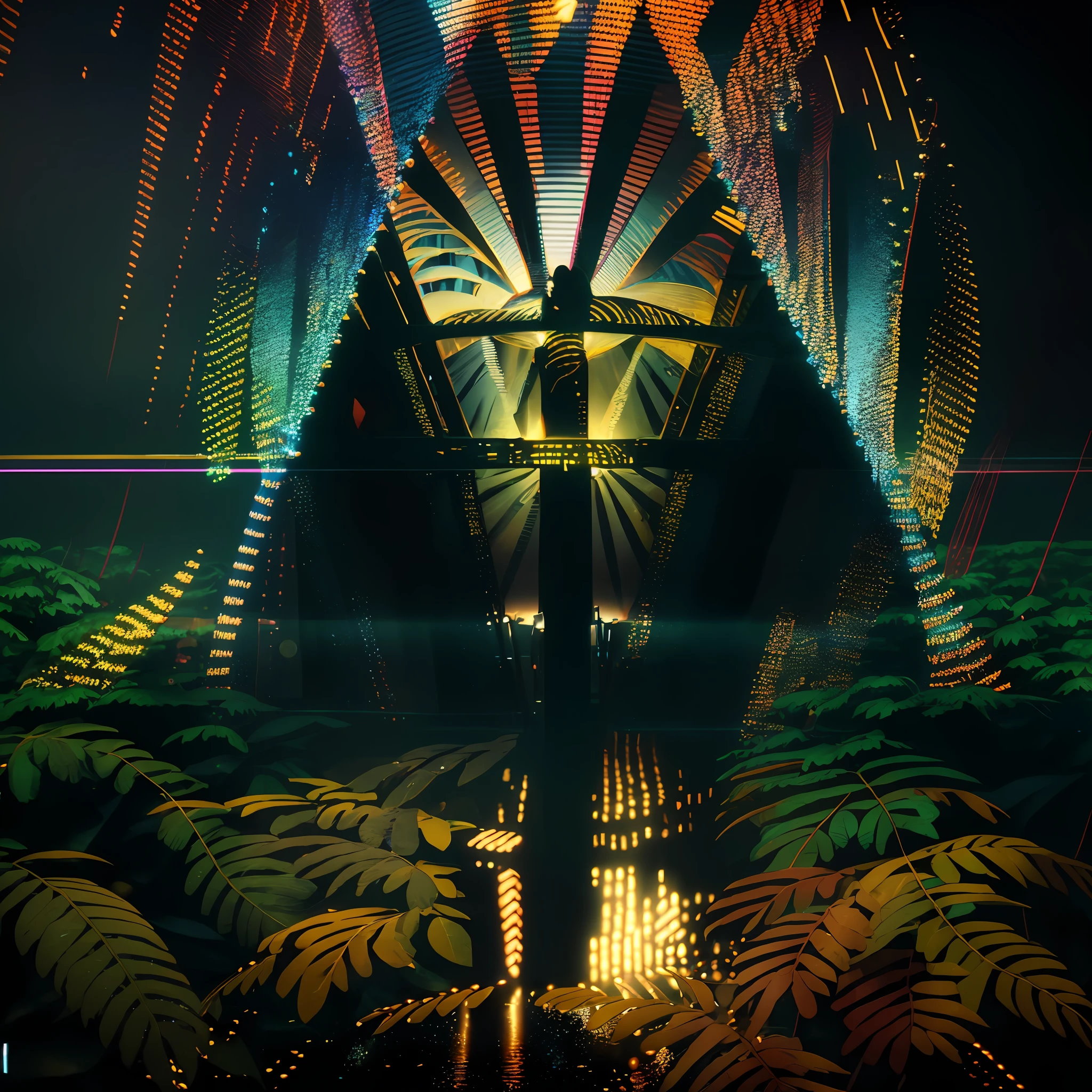 brightly lit art work of a futuristic city at night, inspired by Mike Winkelmann, psychedelic visuals, dmt visuals, otherworldly visuals, 3 d render beeple, by Mike Winkelmann, utopian jungle in space, inspired by Mike "Beeple" Winkelmann, beeple global illumination, dmt temple