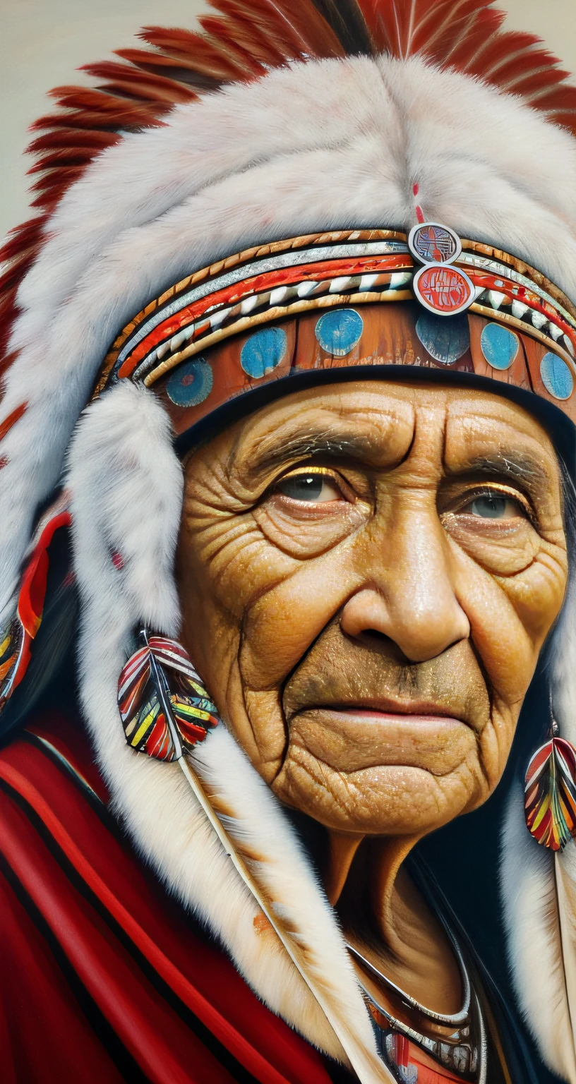 An ultra-detailed portrait of a wise old American Indian chief with a wrinkled face, olhos castanhos brilhantes e pele profundamente envelhecida. The photograph is painted realistically, destacando-se a pintura de guerra e o gorro de guerra.