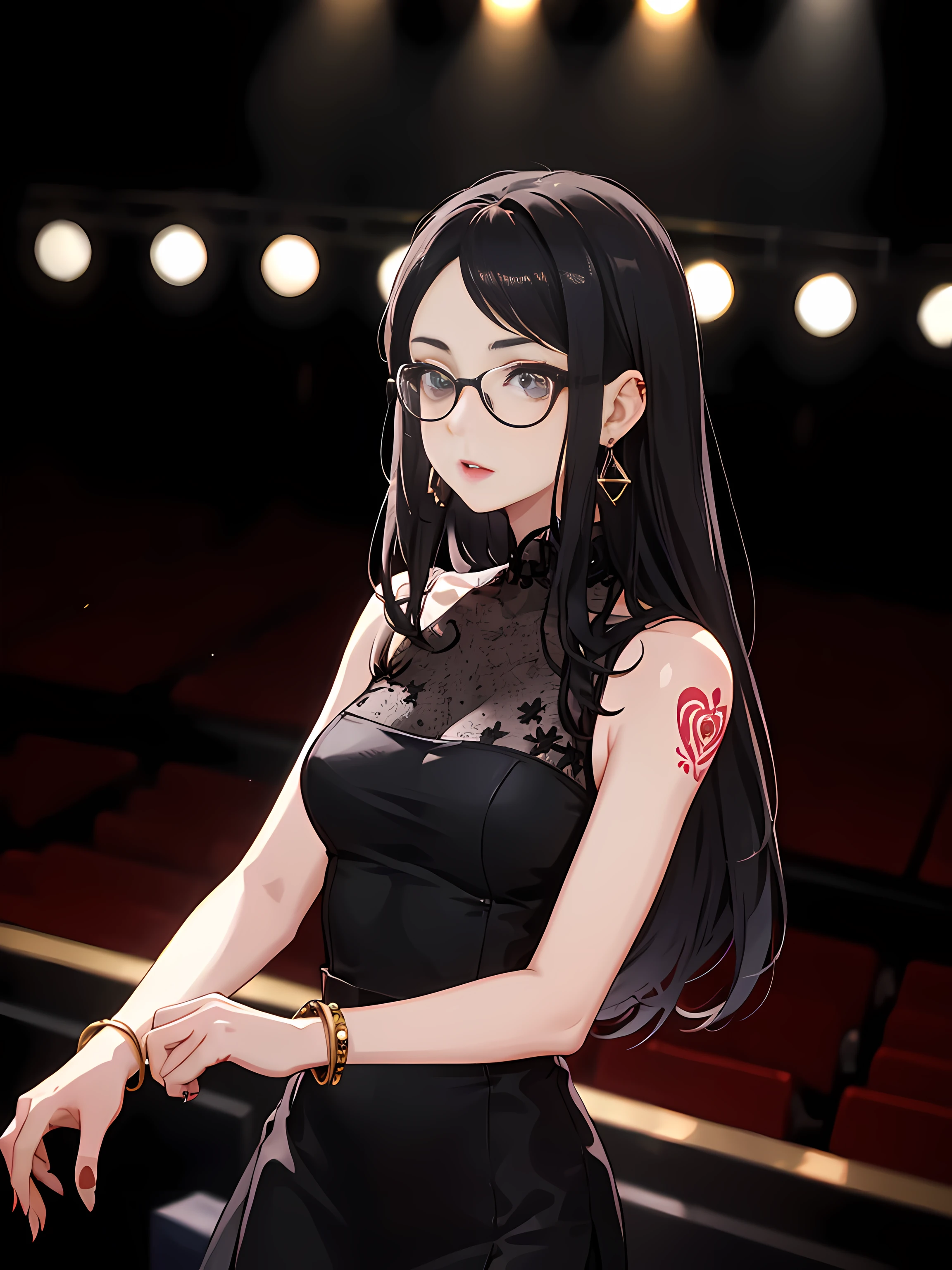 1girl, giving a speech on the stage, wearing eyeglasses, bitch, black makeup, arrogant, bad personality, tattoo, earrings, jewellery, crowd, cinematic shot, detailed, blurry, blurry background