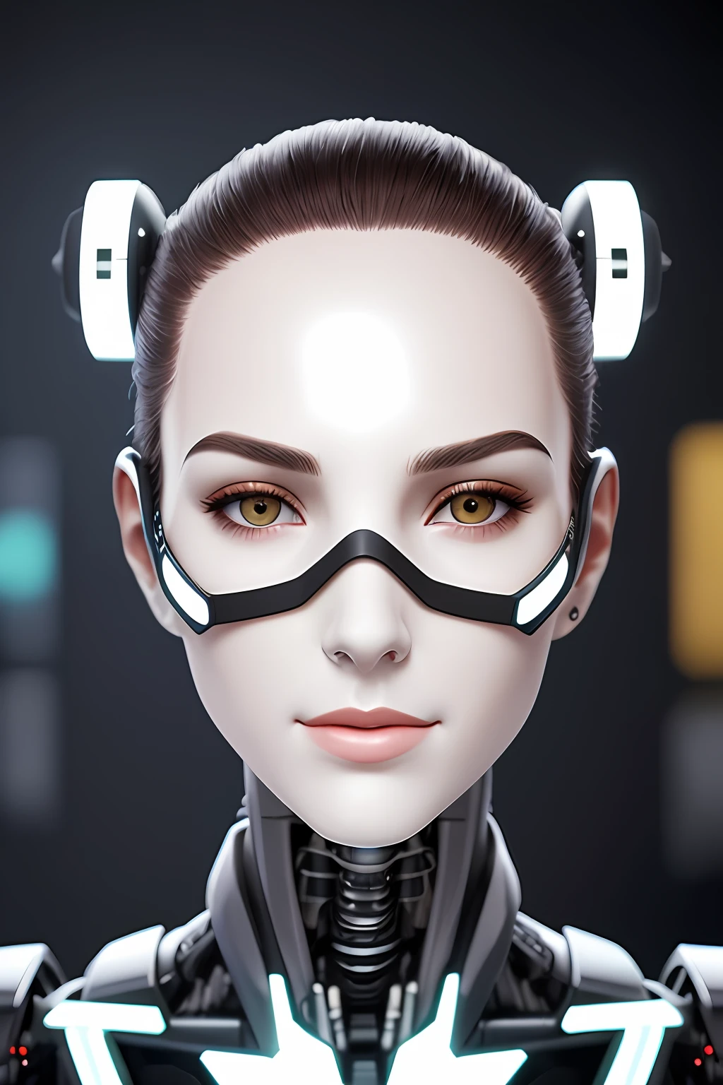 Cyborg face |Mechanical forehead，Mechanical cheeks，Female positive |Flesh-colored skin |Electronic systems: overhead humanoid robots |The details of the brain are right in front of you |Detailed connecting lines for the face |Biopunk |scybernetic |cyber punk perssonage |Canon M50|100mm|sharp fokus |ultra-realistic realism |The is very detailed|intricately details |Front view |head straight-looking at viewer |1 head per body，face to the viewer，Complex mechanical eye masks，Tech glasses