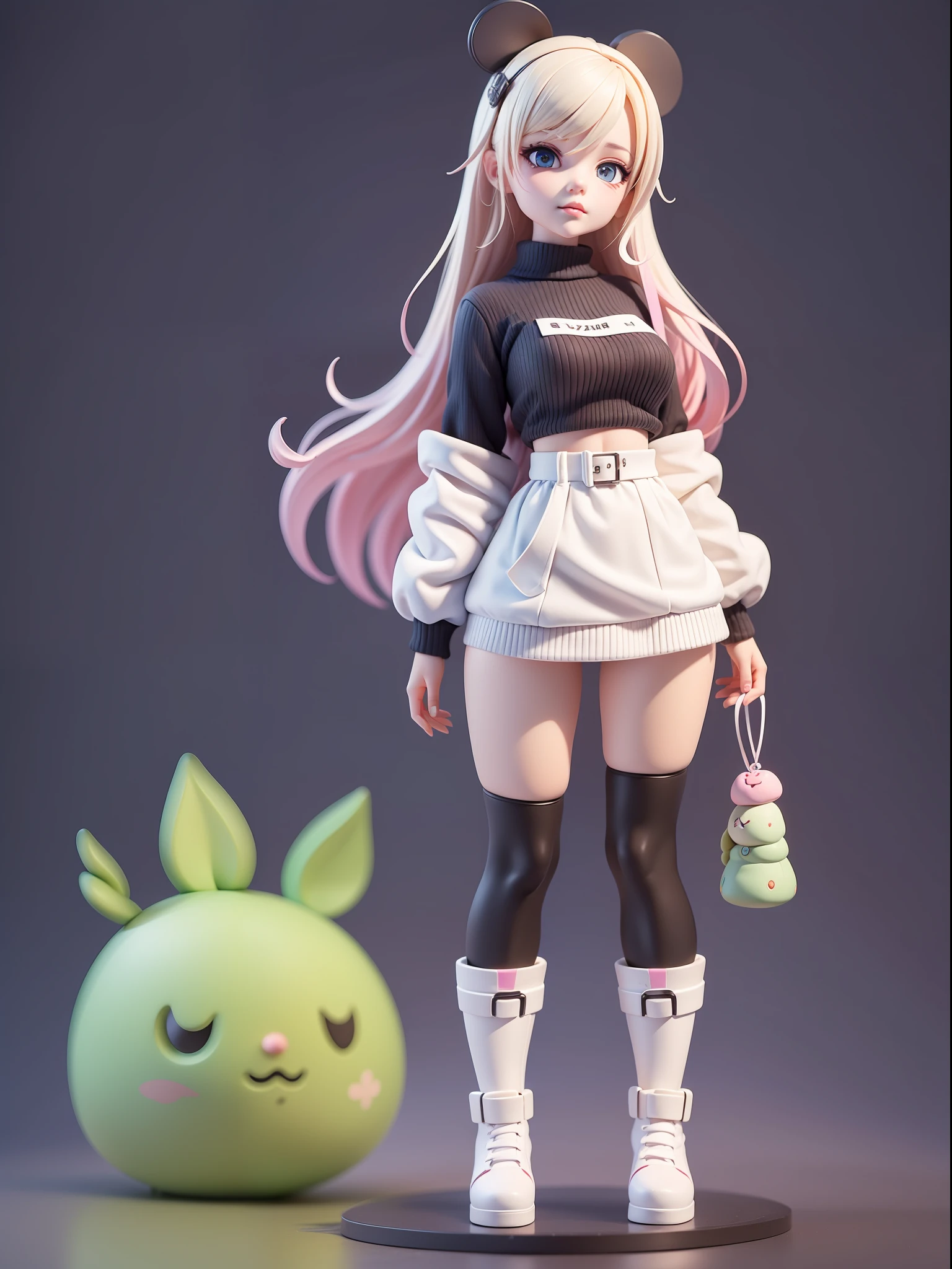 A super stylish cool mechanical girl，Have a nice face，Chibi，full bodyesbian，Wear an oversized sweater in Van Gogh style，bored pose，are standing，Big chunky boots，avant-garde，Almost detailed details，full bodyesbian，looking at viewert，claymaterial，pastel colour，IP of the popular bazaar，Physical blind box，Disney  style，Black and white background，Studio light，C4D，Blender，OC renderer，hyper HD，8k，Colorful light，salama，cruel，Clean white background，Ray traching，Premium color，Full body 3D model，action，Stylish blind box toy。(fill body:1.2)，chibi