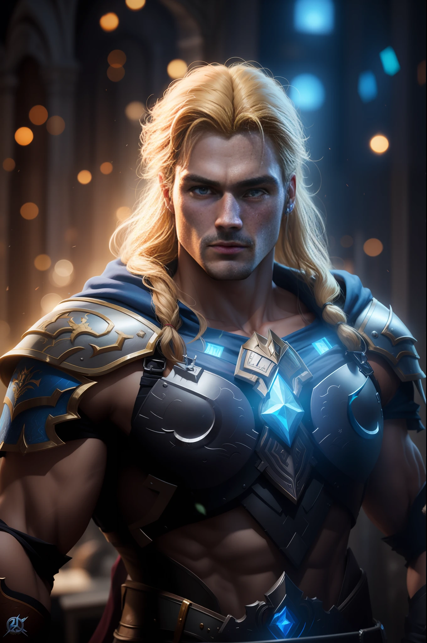 um close up de um homem com uma espada e armadura, Arthas, Asgardiano, Arthas Menethil, 8K Artgerm Bokeh, 3 d render arte do caractere 8 k, elvish blonde male warrior, Henry Cavill como Arthas Menethil, estilo fantasia 8 k octane render, Epic Fantasy Digital Art Style, O melhor da artstation