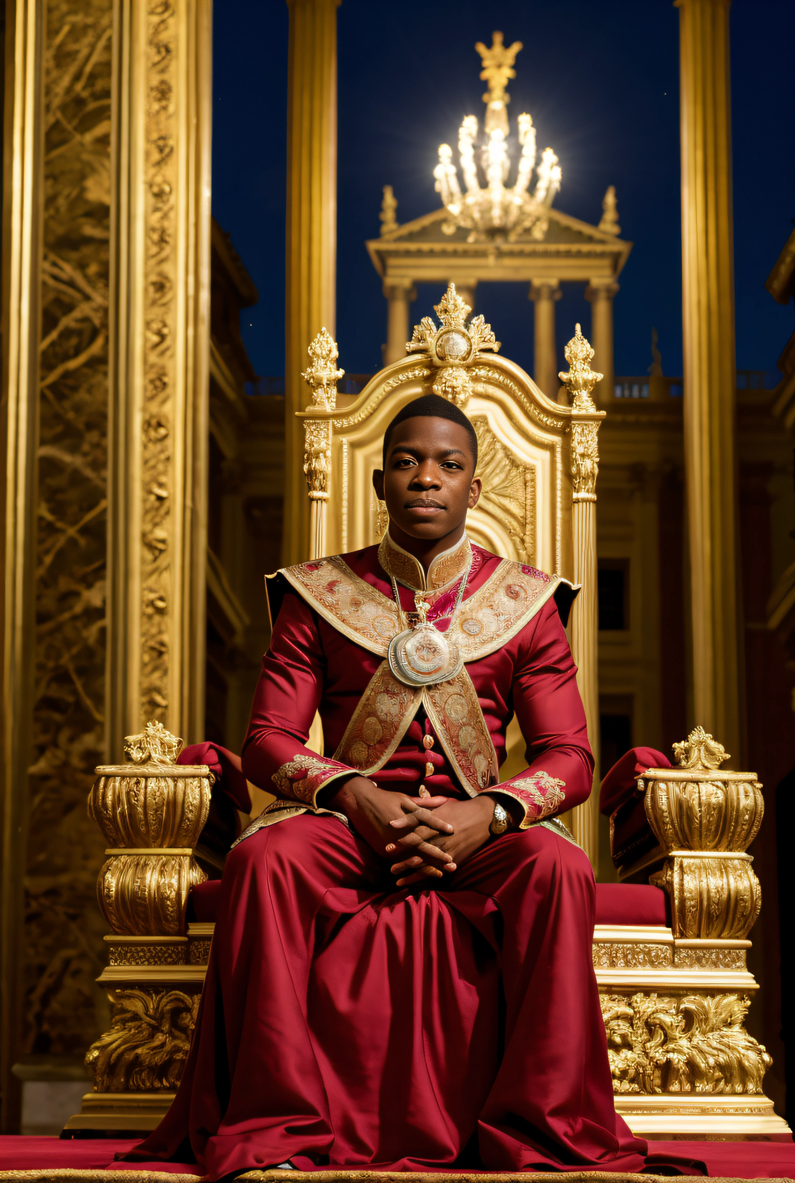 Vinicius Jr, vestido com roupas reais, sentado majestosamente em um trono de ouro puro, como um governante poderoso e nobre, pose majestosa, majestic lighting, majestic palace background, uma obra-prima do realismo, melhor qualidade.