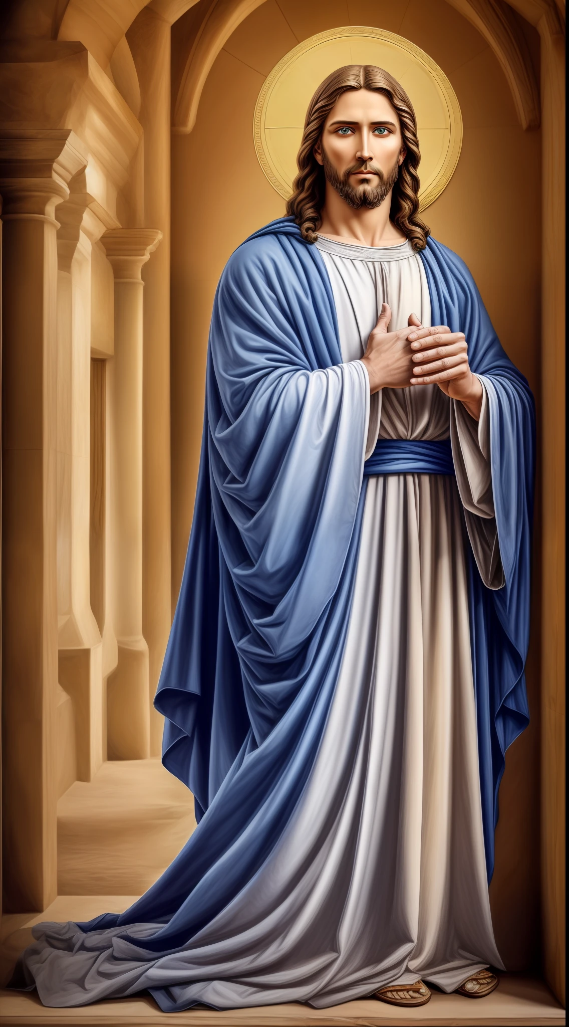 Portrait of a handsome Jesus , Jesus Christ, real blue eyes, sunny day, intricate details.real jesus lord, straight head face, Straight body.Prayer jesus, perfect full body,  perfect hands finger