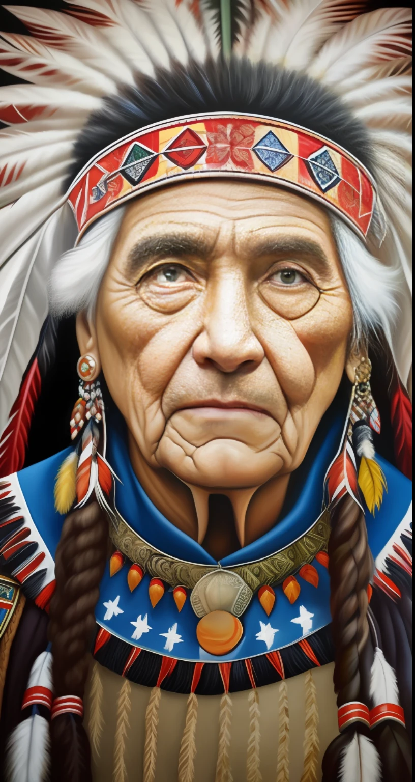 An ultra-detailed portrait of a wise old American Indian chief with a wrinkled face, olhos castanhos brilhantes e pele profundamente envelhecida. The photograph is painted realistically, destacando-se a pintura de guerra e o gorro de guerra.