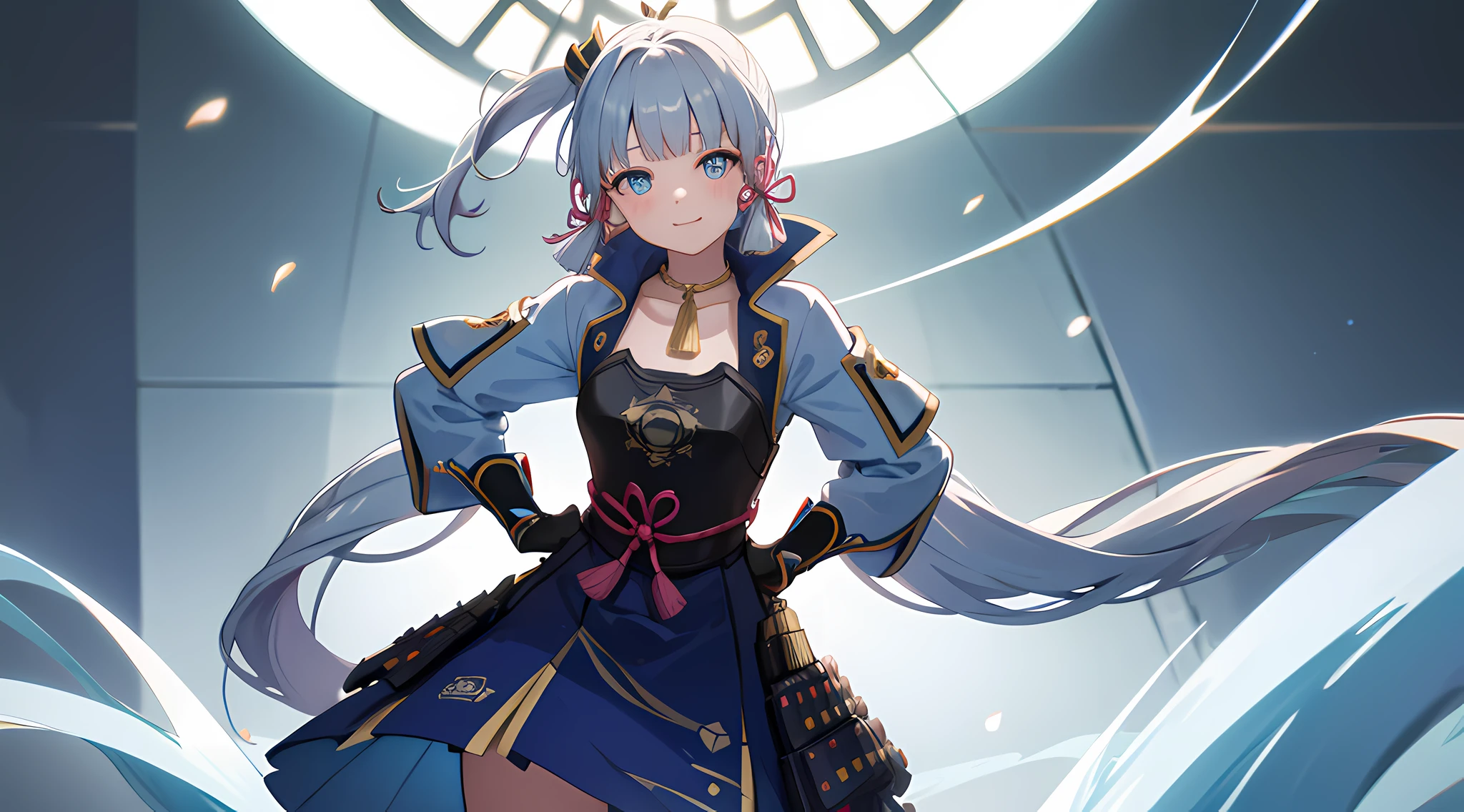 (((masterpiece))), 4k res, highly detailed, (((extremely detailed eyes))), detailed background, cinematic lighting, crystal clear eyes, high quality, highres, ultra-detailed, 8k, best quality, 1girl, solo, shadow, backlighting, light particles, Thick Eyelashes, Wide Sleeve, thick thighs, (masterpiece:1.3), (the best quality:1.2), (super fine illustrations:1.2), (Masterpiece), high quality, high detail,(SOLO:1.4),((round image)), whole body, 1girl, kamisato ayaka, smile, blush, closed mouth, cryokinesis, black gloves, thick, arms behind back, hands on hips, hands on own chest, village