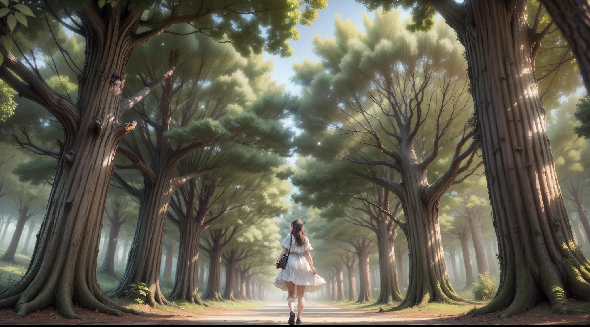 Certo dia, enquanto caminhava em um bosque tranquilo, The young woman came across a majestic oak tree. Its branches stretched skyward, parecendo tocar as estrelas. Fascinada, a jovem decidiu se aproximar.