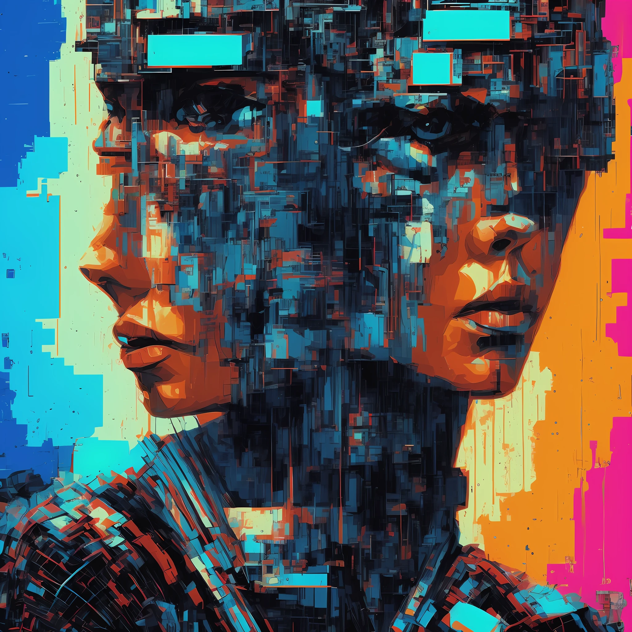 mdjrny-v4 style hyperrealistic portrait of a mysterious cyberpunk robot with comics look , by Guy Denning, Russ Mills, beautiful, elusive, glitch art, hacking effects, glitch effects, neon colours, abstract blocks, hdr, 8k, octane render --auto