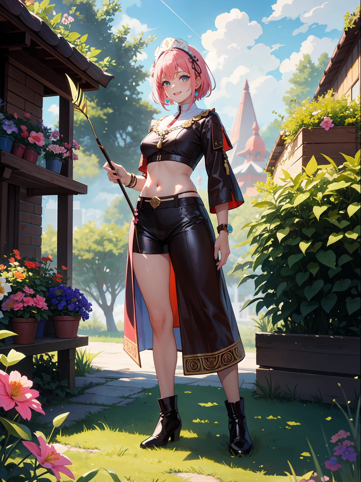 ((full body, standing):1.5), {((1 woman))}, {((wearing brown leather indian clothes, extremely tight and short in the body, short leather shorts and short velvet)), ((big breasts)), ((short pink hair, mohawk, sparkling blue eyes, wearing small feathered headdress)), ((looking at viewer, maniacal smile, making erotic pose, holding a bow and arrow)), ((in an indigenous village, cloudy sky, it's daytime, plants and flowers, Indians of different ethnicities))}, 16k, high quality, high detail, UHD