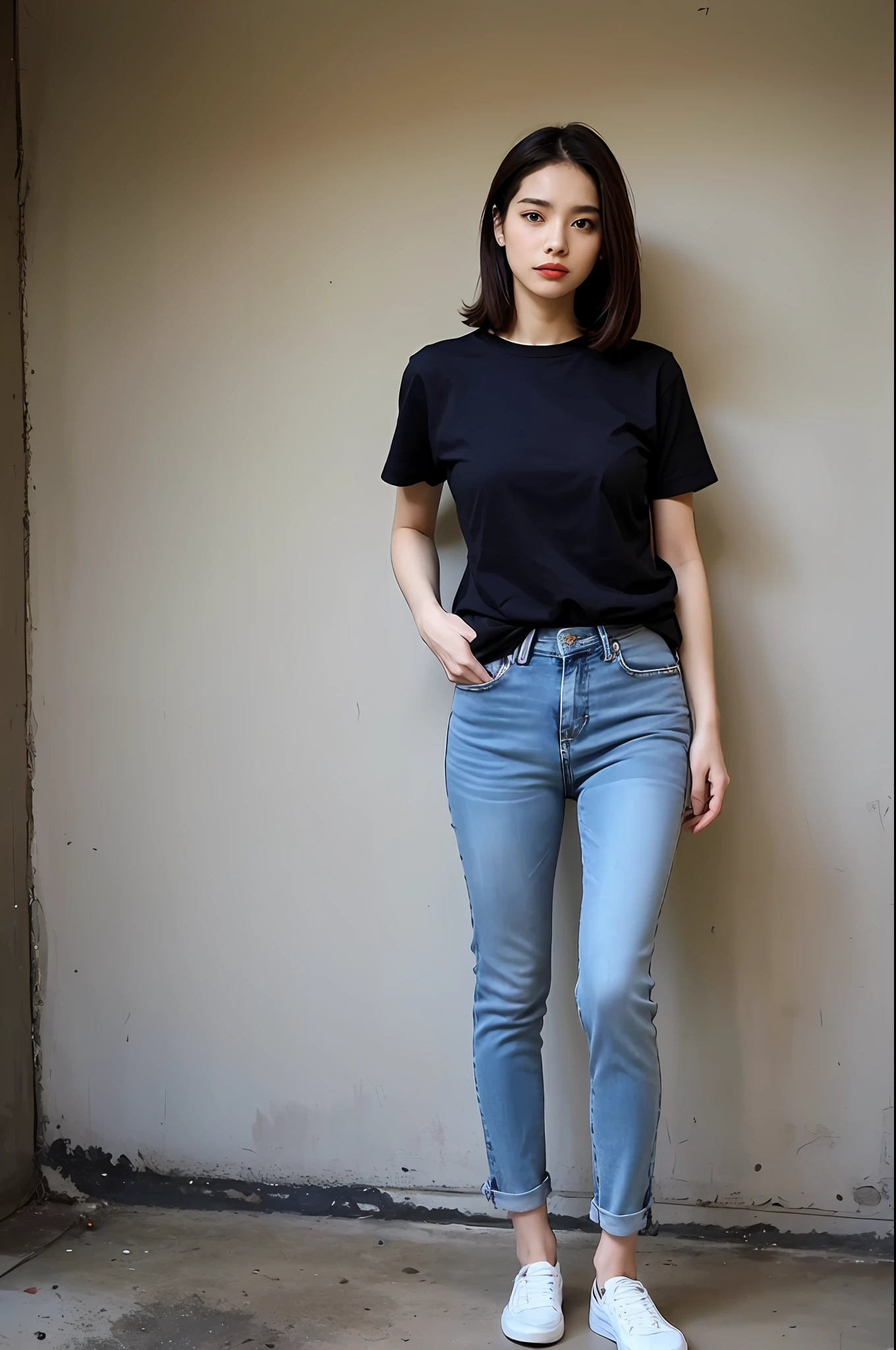 (corpo altamente detalhado, rosto altamente detalhado, melhor qualidade: 1.2), uma mulher, olhar para o espectador, (moletom, jeans), (caverna de fundo: 1.4)