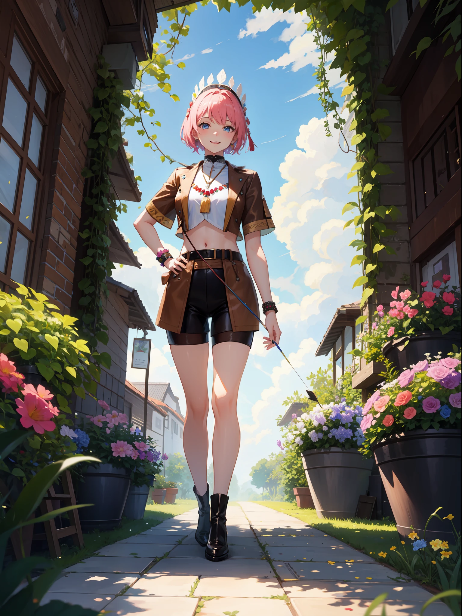 ((full body, standing):1.5), {((1 woman))}, {((wearing brown leather indian clothes, extremely tight and short in the body, short leather shorts and short velvet)), ((big breasts)), ((short pink hair, mohawk, sparkling blue eyes, wearing small feathered headdress)), ((looking at viewer, maniacal smile, making erotic pose, holding a bow and arrow)), ((in an indigenous village, cloudy sky, it's daytime, plants and flowers, Indians of different ethnicities))}, 16k, high quality, high detail, UHD