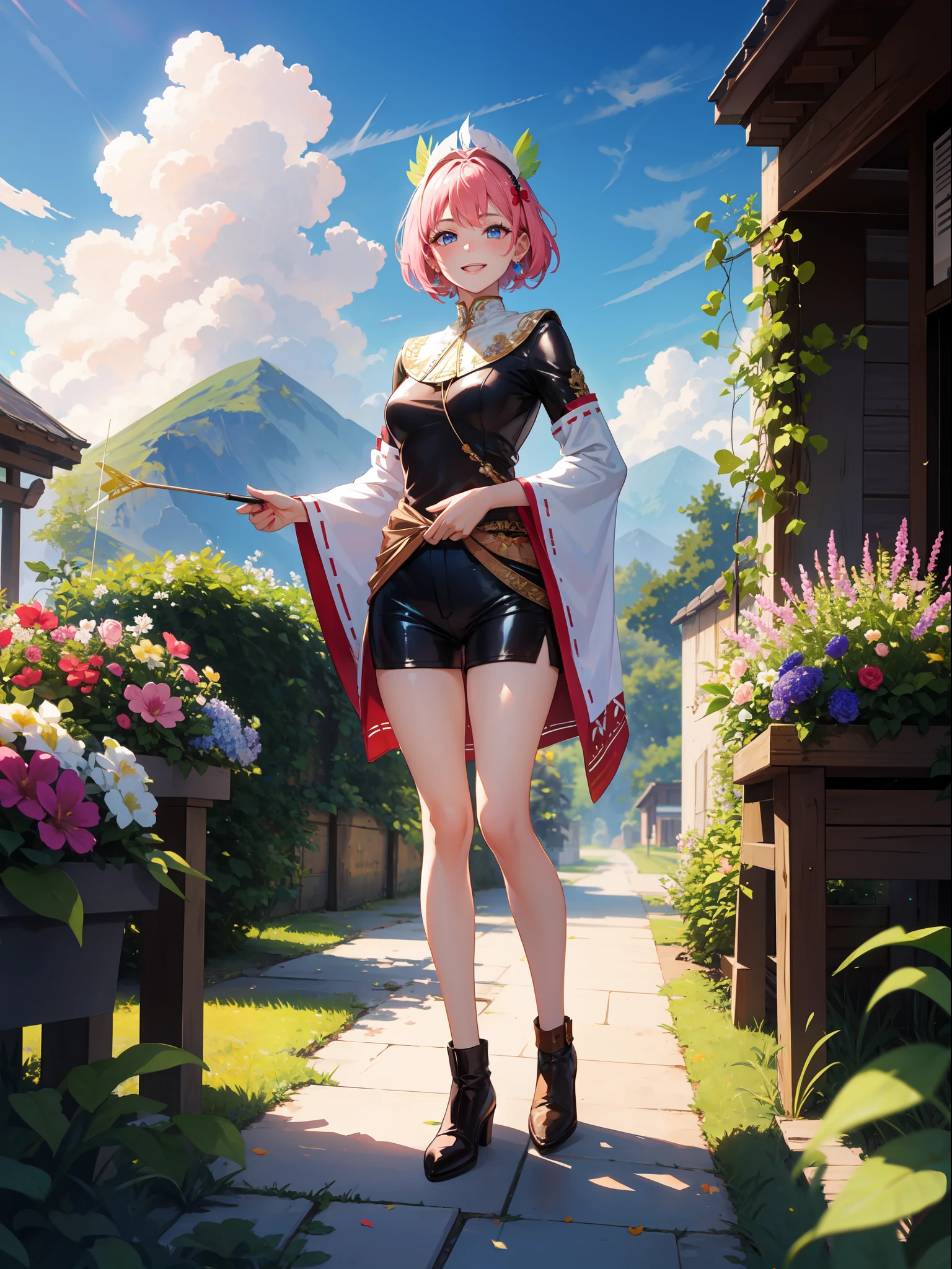 ((full body, standing):1.5), {((1 woman))}, {((wearing brown leather indian clothes, extremely tight and short in the body, short leather shorts and short velvet)), ((big breasts)), ((short pink hair, mohawk, sparkling blue eyes, wearing small feathered headdress)), ((looking at viewer, maniacal smile, making erotic pose, holding a bow and arrow)), ((in an indigenous village, cloudy sky, it's daytime, plants and flowers, Indians of different ethnicities))}, 16k, high quality, high detail, UHD