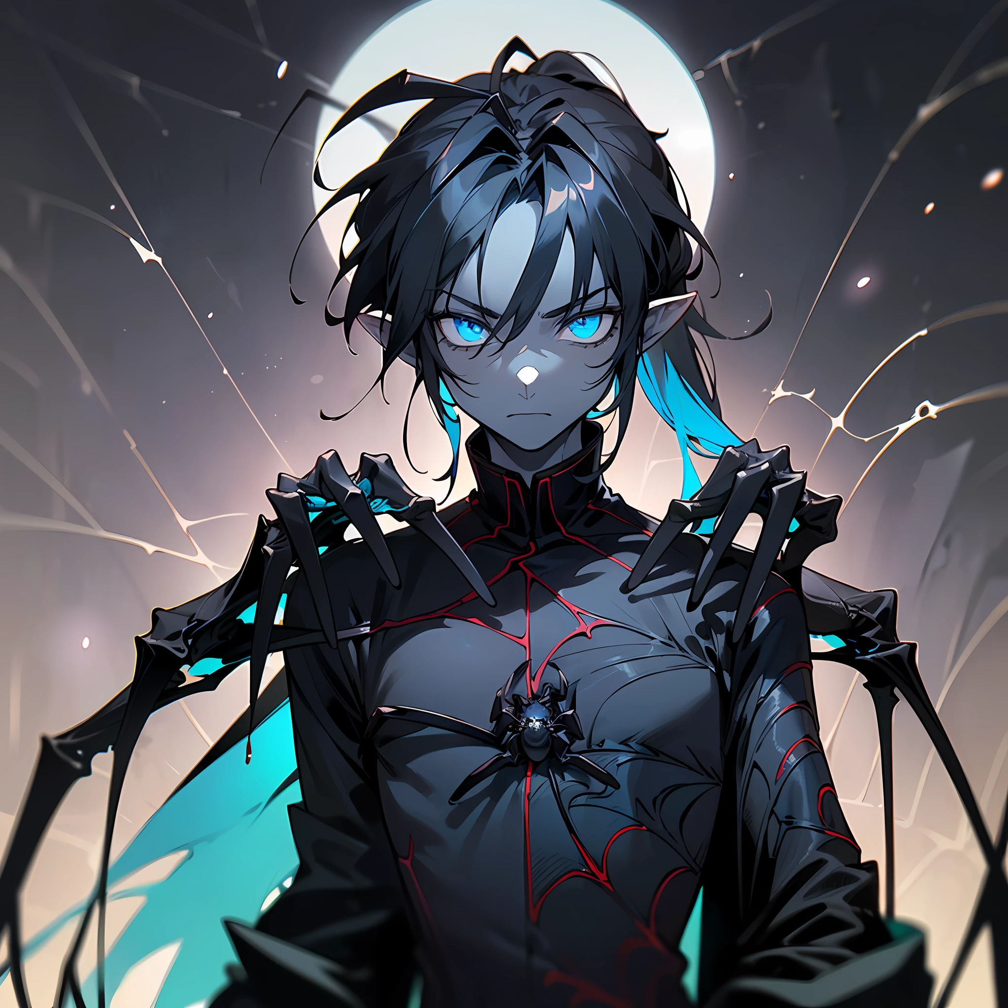 ((young man)), (((male))), guy, slim body, (((flat chest))), (((one person))), ((single)), solo, (((he has black colored hair))), (((pitch black colored hair))), (straight hair), (long hair), (((high ponytail))), (((dark blue colored eyes))), ((a few black colored scales on the skin)), (((grey colored skin))), ((pointy ears)), (((black spider legs on shoulders))), (((black spider legs))), (((black colored antennae on head))), ((black antennae)), (((black colored feelers on his head))), ((spiders in the background)), (((the man has pitch-black colored hands))), ((his hands are black)), (((fantasy style))), magic, (((wearing black and dark brown colored clothes))), (((dark blue details))), (((dark blue colored details))), (((silver colored details))), ((grey colored details)), (((silver details))), standing in a dark pine forest, (((fantasy patterns on clothes))), (((magical patterns on clothes))), serious expression, (black colored spiders), ((black colored gloves)), long gloves