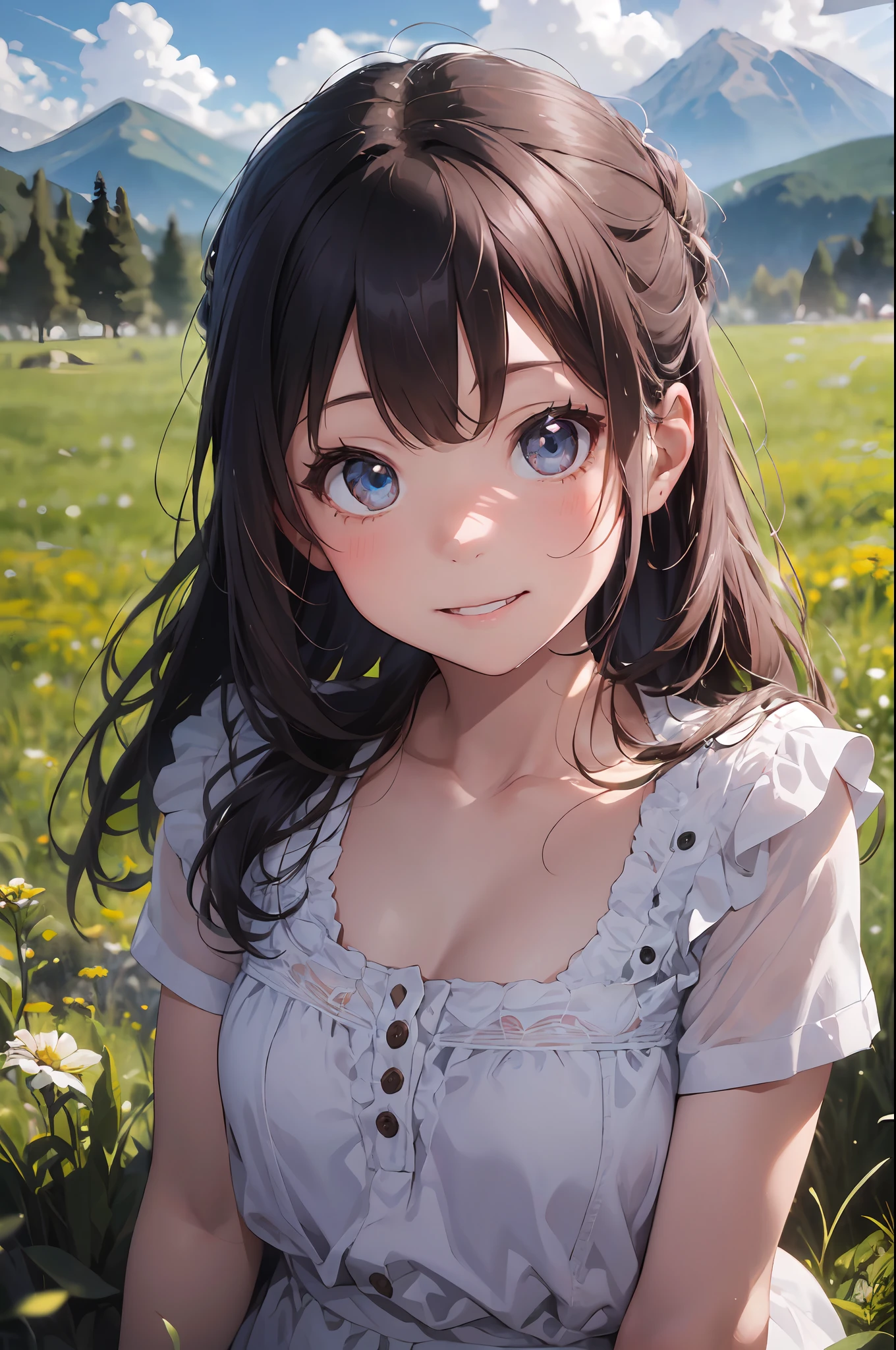 ((6year old girl:1.5)), Girl in 1, Lori, Petite girl, Complete anatomy, Whole body, children body, child, Super Cute, garl, Little girl, Beautiful Girl, beautiful shining body, Bangs,Brown hair,high eyes,(aquamarine eyess), drooping eyes, Petite,tall eyes, beautiful girl with fine details, beautiful and delicate eyes, Detailed face, Beautiful eyes, beautiful shining body, smile on face, Happiness,
Whole body angle, alps, Shepherd's daughter, Mountain Girl, plein air, alpine meadow,
Natural light,((Realism: 1.2)), dynamic far view shot,Cinematic lighting, Perfect composition, by sumic.busty petite, ultra detaild, Official art, Maste Piece, (Best Quality:1.3), glint, the Extremely Detailed CG Unity 8K Wallpapers, Detailed background, Maste Piece, Best Quality, (Maste Piece), (Best Quality:1.4), (UltraHighResolution:1.2), (Hyperrealistic:1.4), (Photorealistic:1.2), Best Quality, High quality, high resolucion, Detail enhancement,