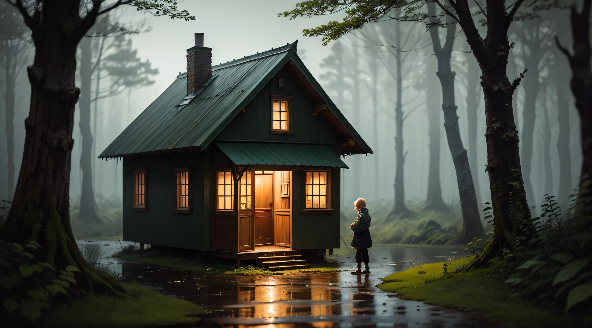 an old lady standing in a small house in a forest on a rainy night. --auto