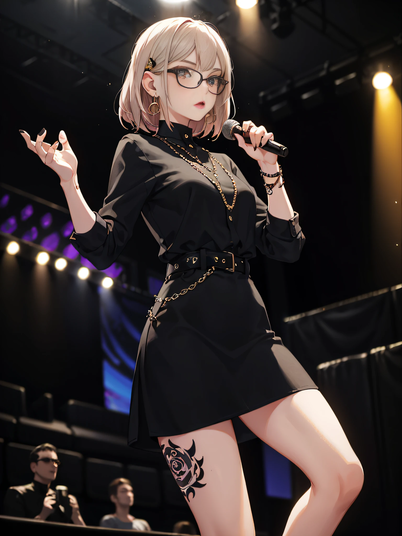 1girll, Give a speech on stage, wears glasses, bitch, black makeup, Arrogant, bad personality, tattoo, Earrings, jewely, crowd, cinema shot, Detailed, Blurry, The background is blurred out