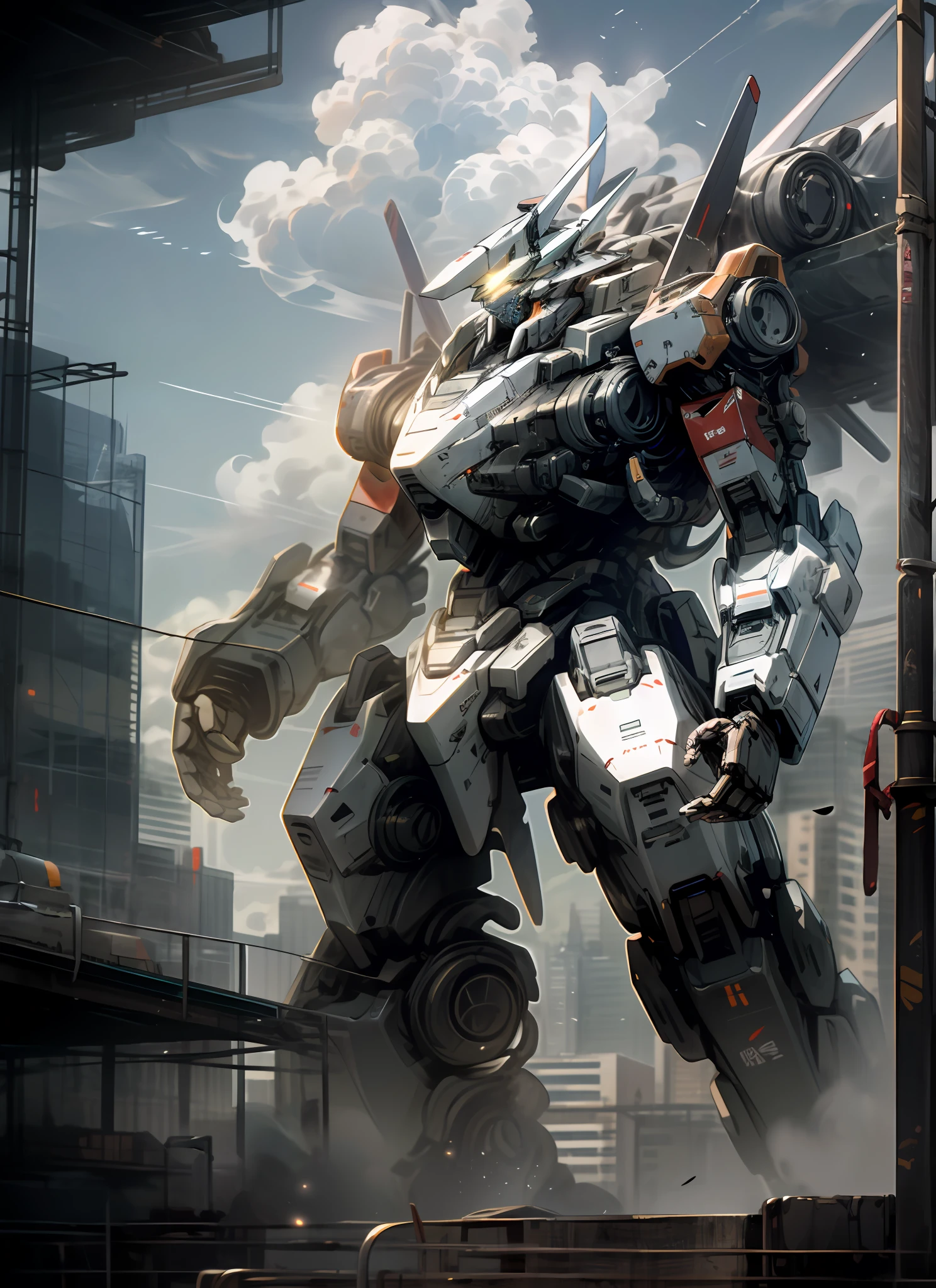sky, cloud, holding_weapon, no_humans, glowing, , robot, building, glowing_eyes, mecha, science_fiction, city, realistic,mecha