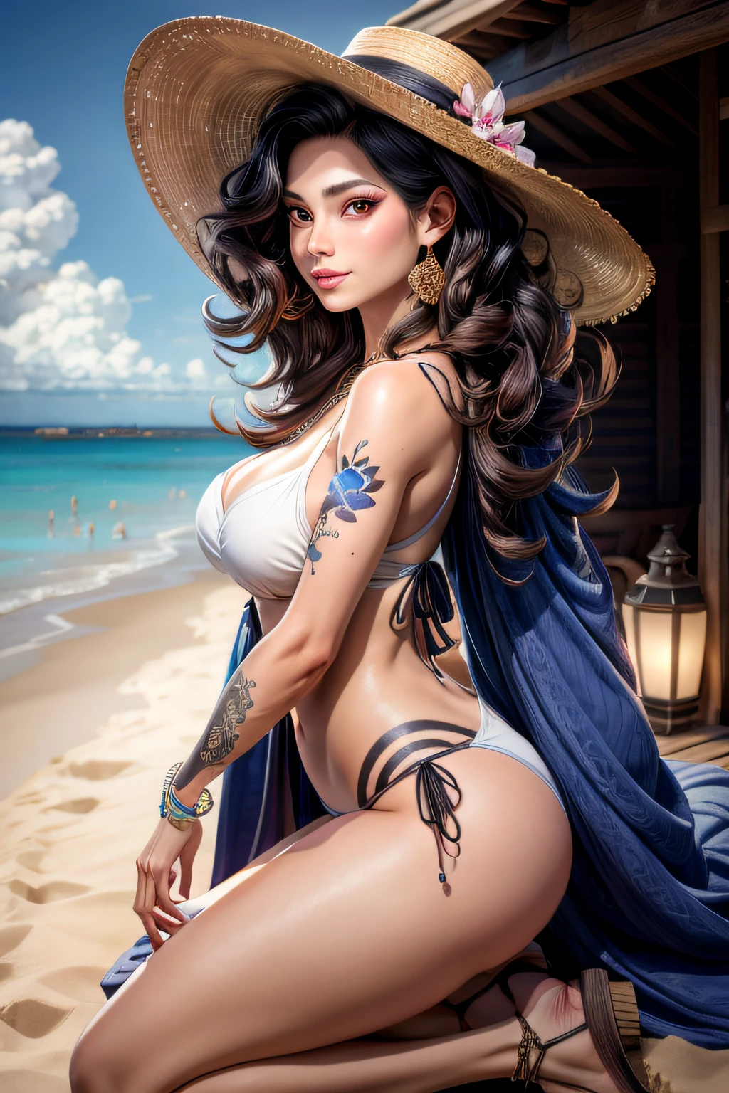 (masterpiece:1.2, best quality), (1lady, solo, upper body:1.2), Clothing: white flowy maxi dress, wide-brimmed hat, strappy sandals, Accessories: shell necklace, Hair: loose beach waves, Makeup: natural, glowing skin, Behavior: relaxed, carefree, free-spirited, Location: beach, resort, outdoor festival, red eyes,A beautiful geisha, beautiful girl, beautiful woman, perfect goddess, (hyperrealistic, photorealistic: 8K) hot girl, loose flowing hair, oily silky skin (well lit and detailed), hot, big breasts, fleshy lips, big ass, wearing a black kimono bikini sunglasses on the beach, jewelry and bracelets with sexy features (sunny day, perfect lighting),seductive pose, visible pubic hair, breasts visible, Sakimichan style art, oriental mandala tattoo,long curly black hair, floating antique clock, lamp ancient, splash,