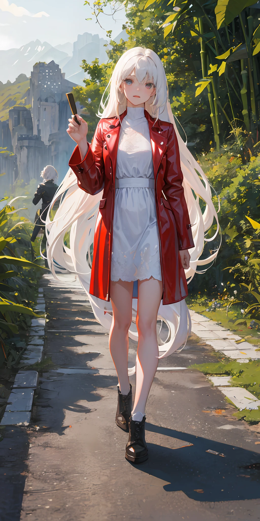 （midynight，nevando，bamboo forrest），1girll，silber hair，extra very long hair，iridescent eyes，Red leather coat，white dresses，Brown high-tops，Dagger in hand，Standing in the middle of the road，8K，tmasterpiece，Wallpapers