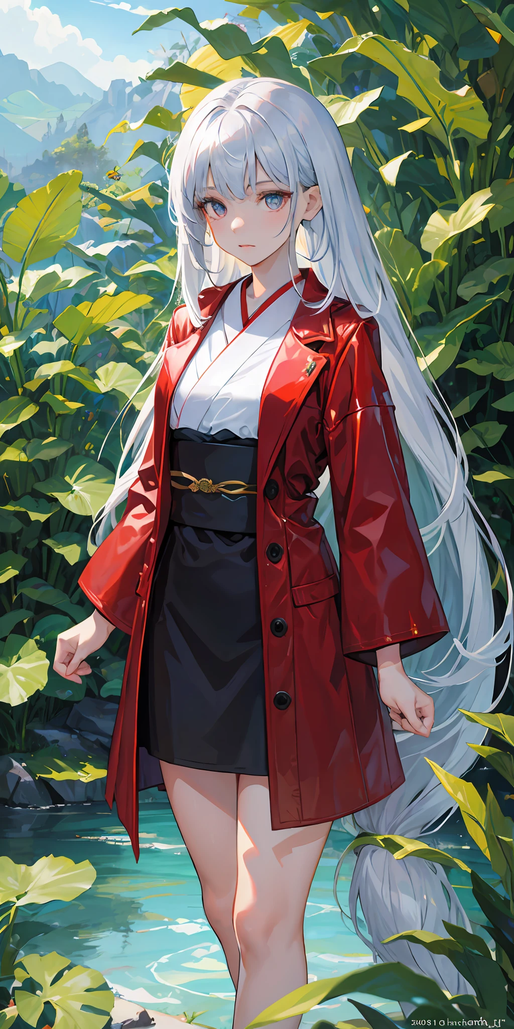 (midynight,nevando,bamboo forrest),1girll,silber hair,extra very long hair,iridescent eyes,Red leather coat,Kimono with white,A serious look,8K,tmasterpiece,Wallpapers