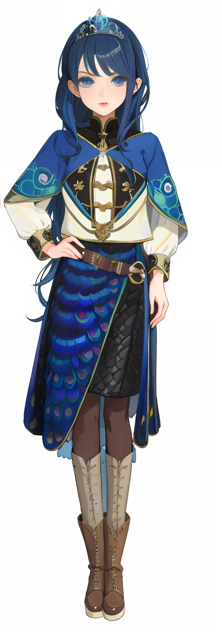 Wear underwear lined with scales ,A painting of a woman in a blue dress and brown boots, Costume with blue accents, clothes themed on a peacock mage, uma linda princesa,( anime style), UHD, ccurate, high quality, high details,blue eyes,blue hair, serious, puckered lips,pixiv