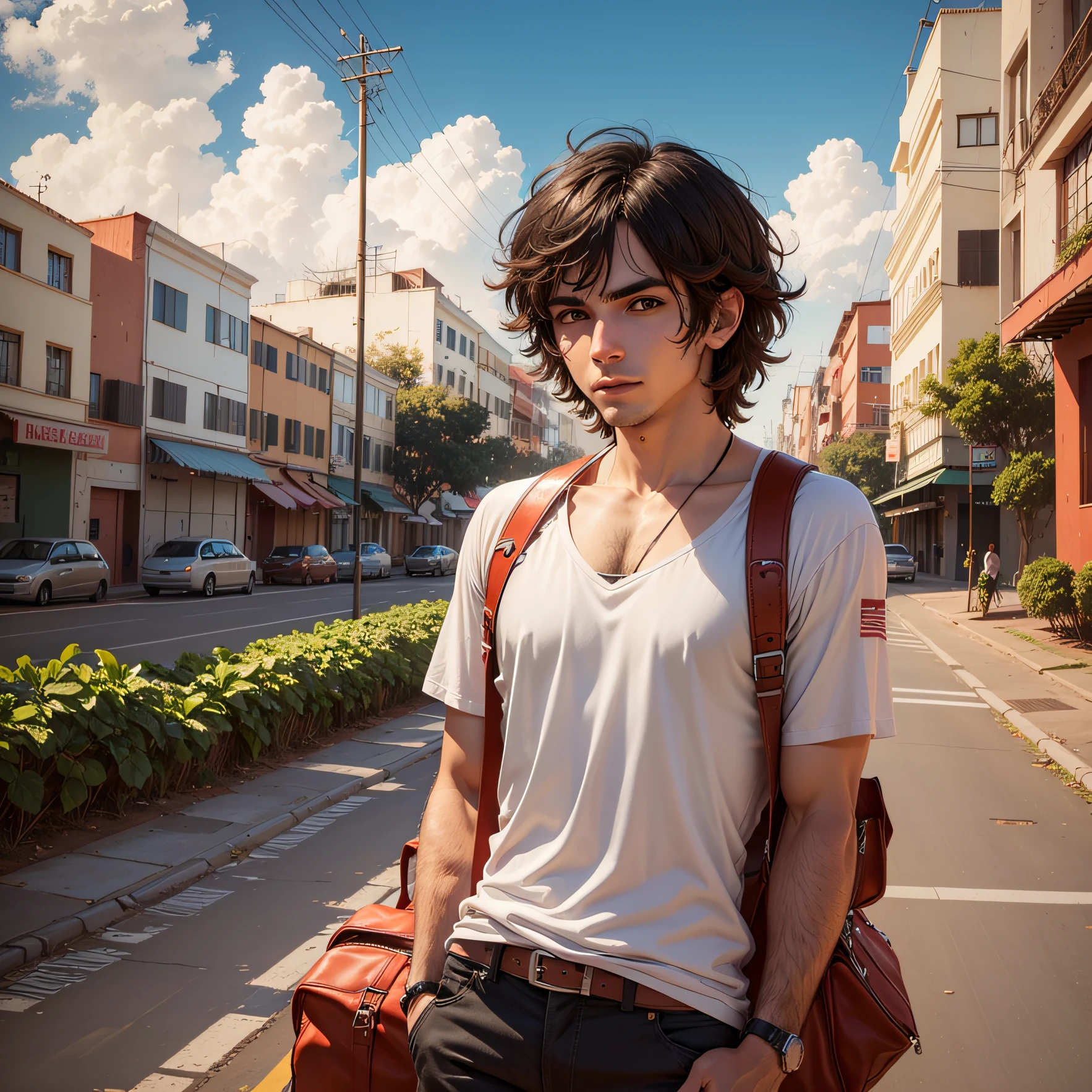 Crie uma imagem de anime de um homem de estatura alta, cabelos pretos , olhos azuis vibrantes, pele bronzeada, piercings na orelha esquerda, ele esta em uma cidade, e veste uma camisa branca, e um short azul --auto