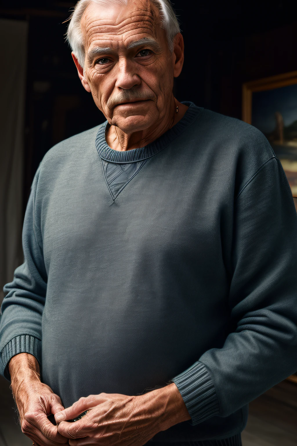 (masterpiece, photorealistic, raw,:1.4), (extremely intricate:1.2), close up, cinematic light, sidelighting, ultra high res, best shadow, RAW, upper body, old man, wearing pullover,