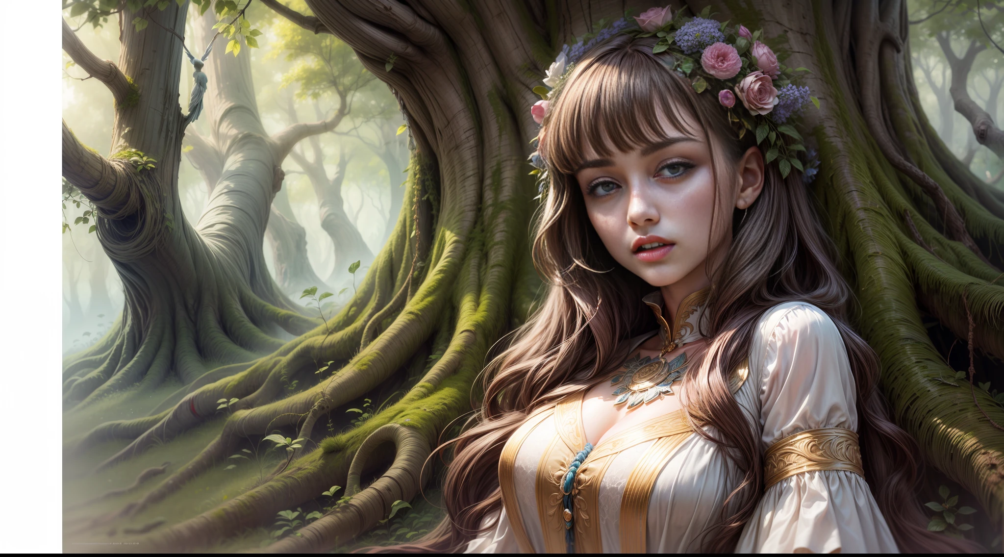 While the young woman admired the imposing tree, She was enveloped by a deep, melodic whisper echoing from within her. It was as if the tree itself was calling the young woman for a conversation.