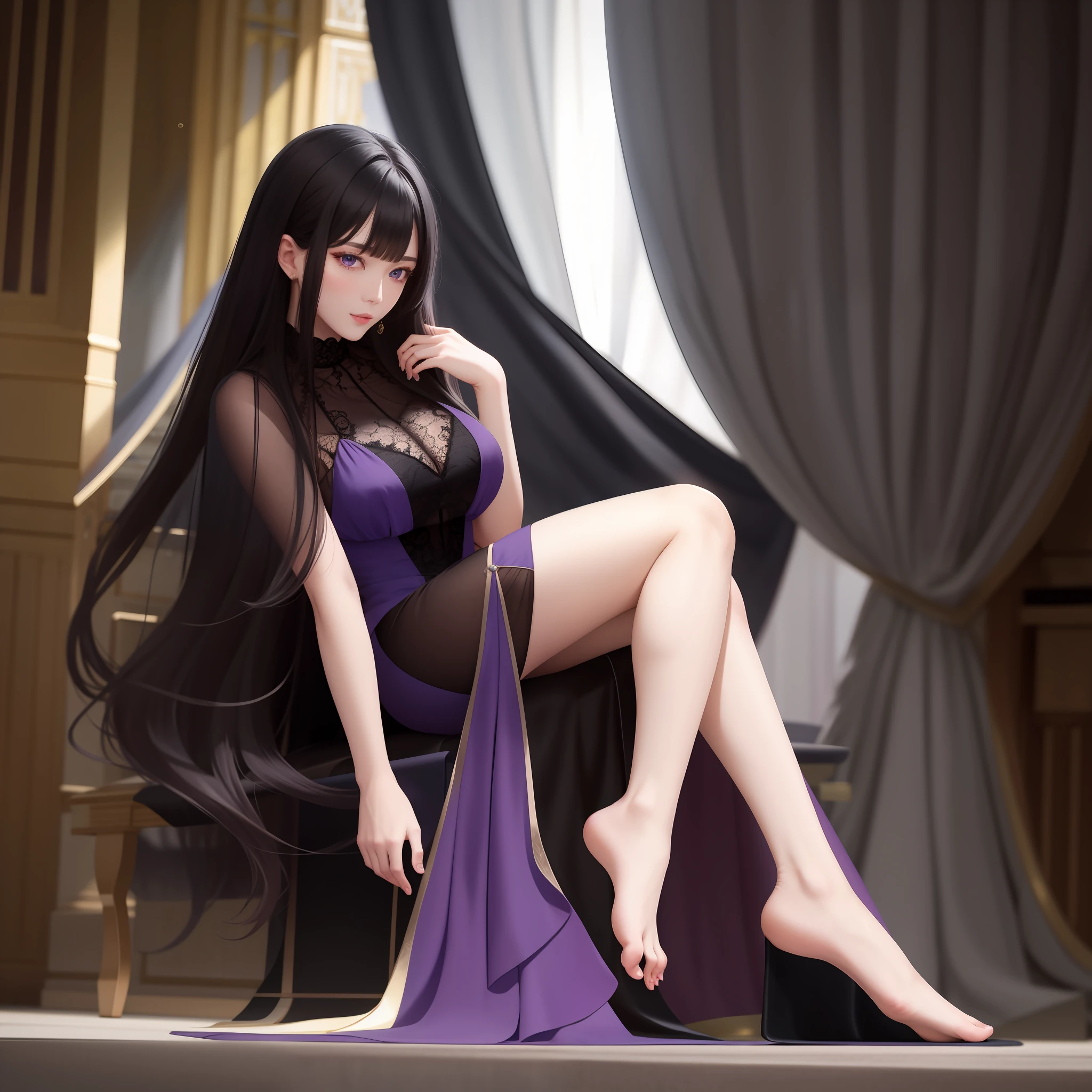 Full body photo,illustratio,cinematric light,fanciful,HighestQuali,ultra - detailed,best qualtiy,tmasterpiece,(详细的脸),Tall sexy mature woman,Purple dress,blacksilk,slender leg,Jade foot,exquisite facial features,Femme and moving,Expose thighs and feet,without wearing shoes