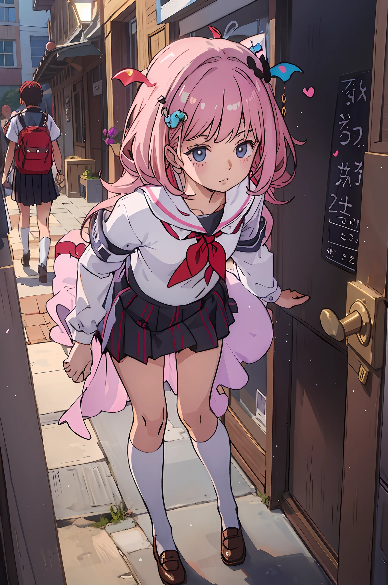 Anime girl in school uniform standing in front of the door, style of anime4 K, Detailed digital anime art, clean and meticulous anime art, Anime art wallpaper 8 K, anime moe art style, Cute anime girl, anime visual of a cute girl, Best anime 4k konachan wallpaper, up of young anime girl, Anime style. 8K, Anime art wallpaper 4k