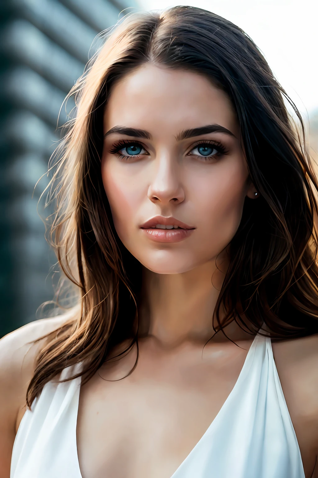 analog style, beautiful brunette woman, (high detailed skin:1.2), pale skin, modern architecture, Intricate, High Detail, Sharp focus, dramatic, proportional body, a highly detailed face by Greg Rutkowski and Magali Villeneuve, beautiful eyes, toned body, cinematic lighting, depth of field, photography