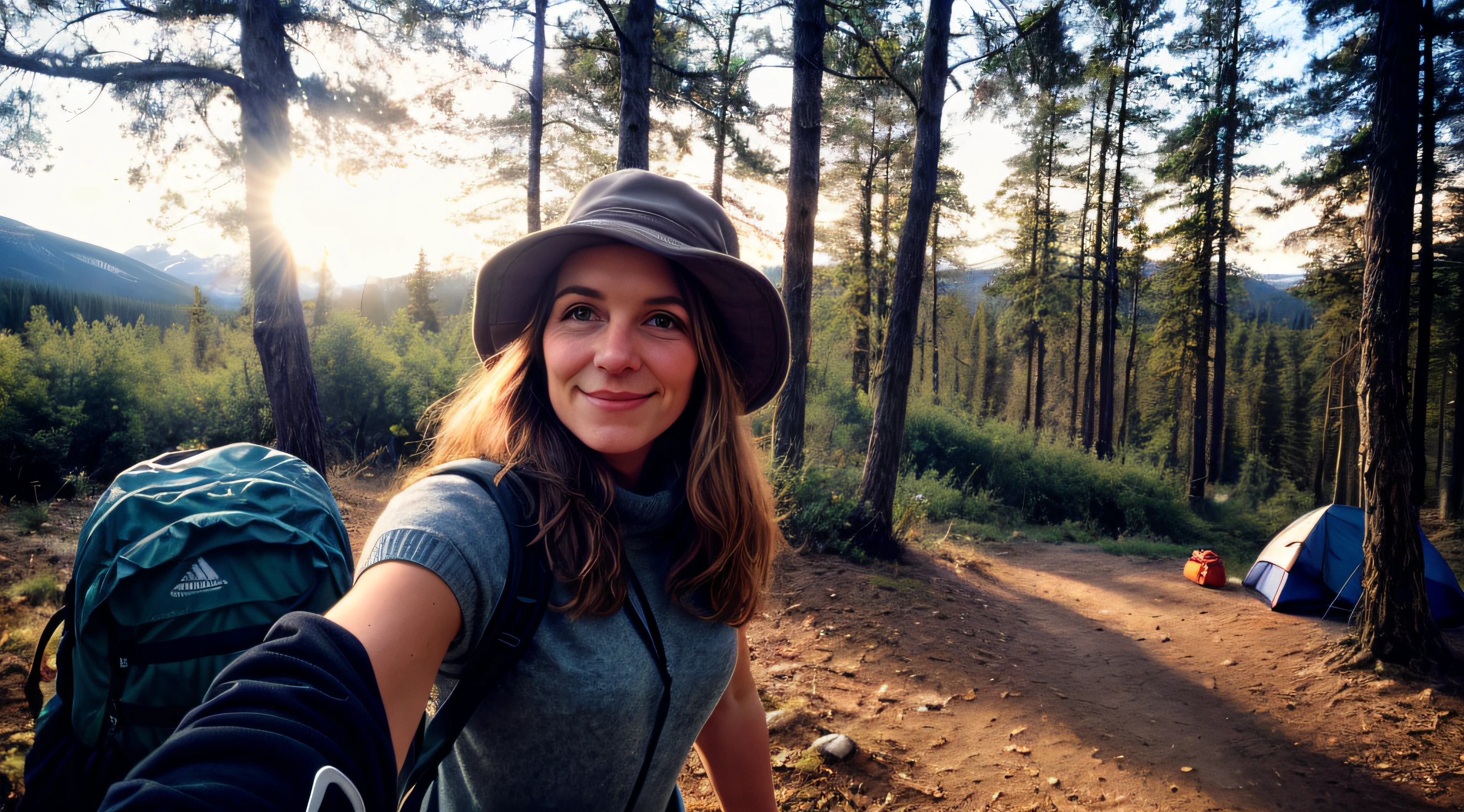 1 woman((upper body selfie, happy)), masterpiece, best quality, ultra-detailed, solo, outdoors, (night), mountains, nature, (stars, moon) cheerful, happy, backpack, sleeping bag, camping stove, water bottle, mountain boots, gloves, sweater, hat, flashlight, forest, rocks, river, wood, smoke, shadows, contrast, clear sky, analog style (look at viewer:1.2) (skin texture) (film grain:1.3), (warm hue, warm tone) :1.2), close up, cinematic light, sidelighting, ultra high res, best shadow, RAW, upper body, old man, wearing pullover