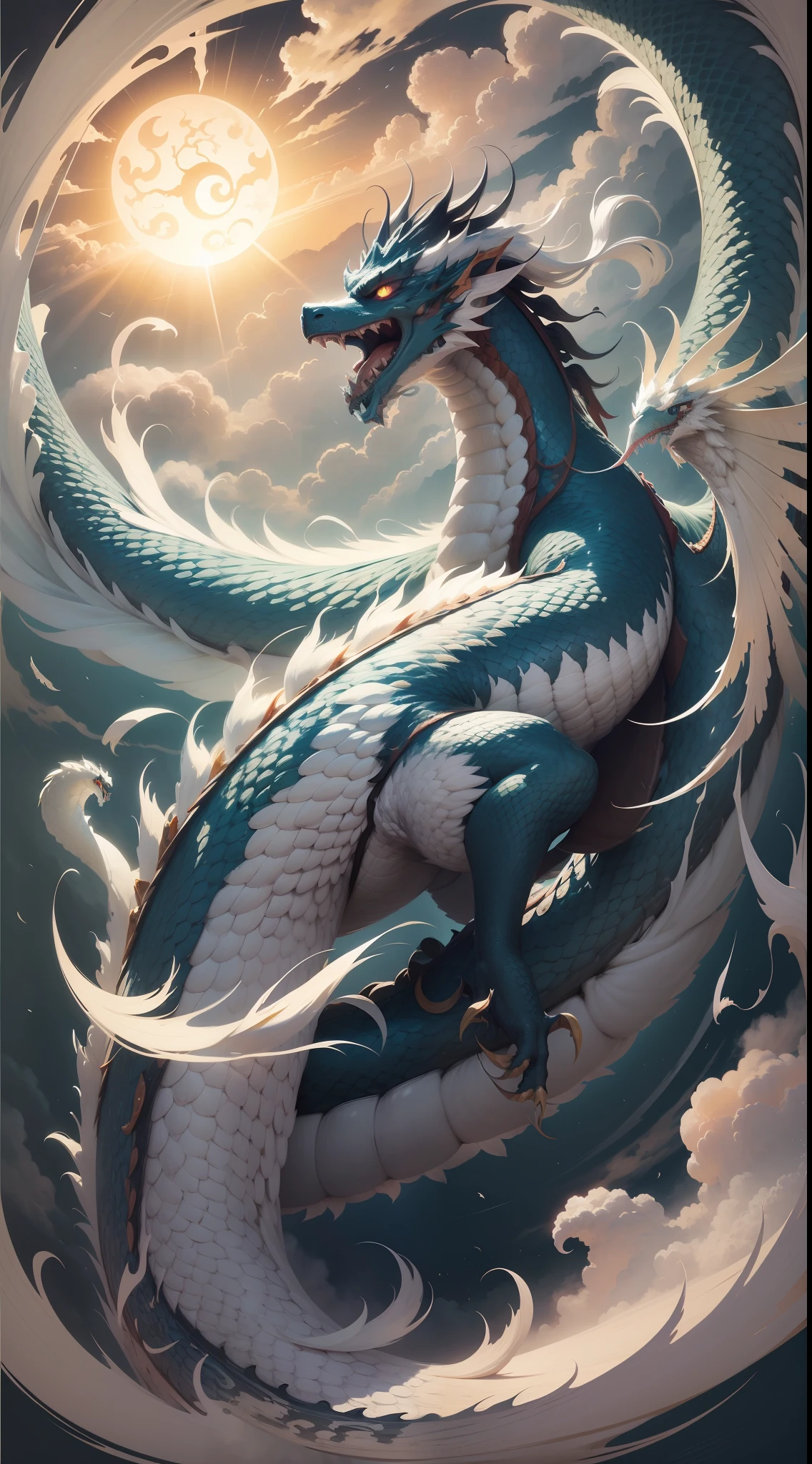 A circling Chinese dragon with white scales，Majestic and domineering，The sun is shining，A heavenly sky，surrounded by cloud，Fairy air fluttering，hyper HD，high qulity，Chinese ink painting style，Epic composition，super detailing，tmasterpiece，Qi Baishi's work，32k，