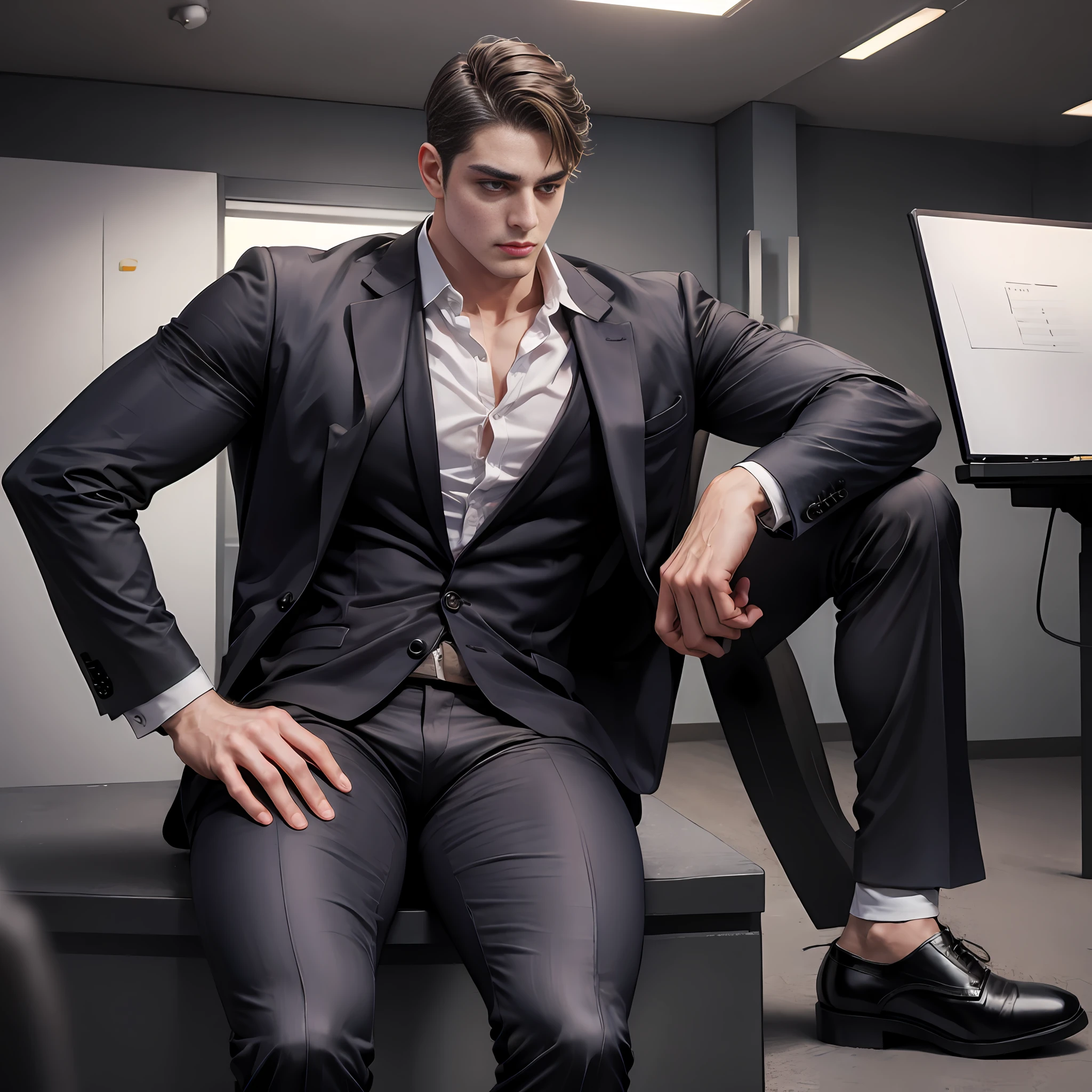 1 boy ，dressed in a suit，trousers，leather shoes，huge muscle，tiese，full-body portraits，sitting in office，tmasterpiece，The best picture quality