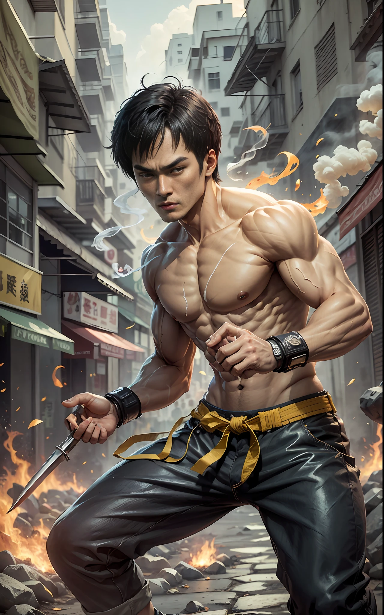 Dicas: foto de corpo inteiro, design de personagem do jogo, Bruce Lee jogos mortais, bruce lee,Walking towards the camera, open and closed hands, smoke billowing, olhos detalhados, roupa, personagem Hokuto Shinken, Kenjiro, Bruce lee's black dog, luz lateral superior, rua do Brasil deserta (distant view, profundidade de campo borrada), elevation perspective - AR 10:16 - Expression of style.