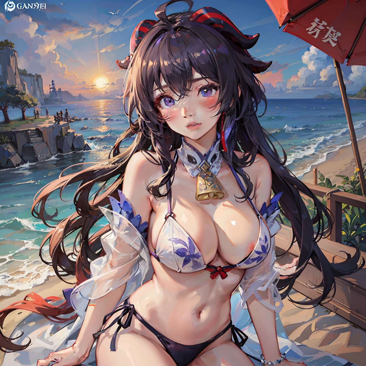 Ganyu\(Genshin Impact\), 1 Girl blush, Breasts, Chinese knot, the sleeve, flower knot, , cow horn, long whitr hair, looking at viewert, middlebreast, Neckbells, the night,purpleeyes,, Solo, nipple tassels, ((Masterpiece)) Swimwear, Sexy swimwear, Seaside, beach, Ocean