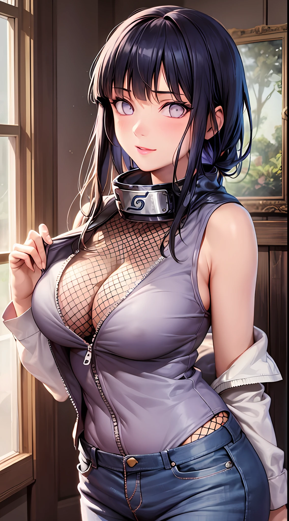 Masterpiece, highres, high Quality, detailed face, detailed body render, 1girl, solo, hyuuga hinata, hinata-sleeveless-outfit, large breasts, big breast, sleeveless shirt, fishnet top, dark lips, unzipped jacket, no bra, breasts out, nipple, standing, blushes, (on bedroom)