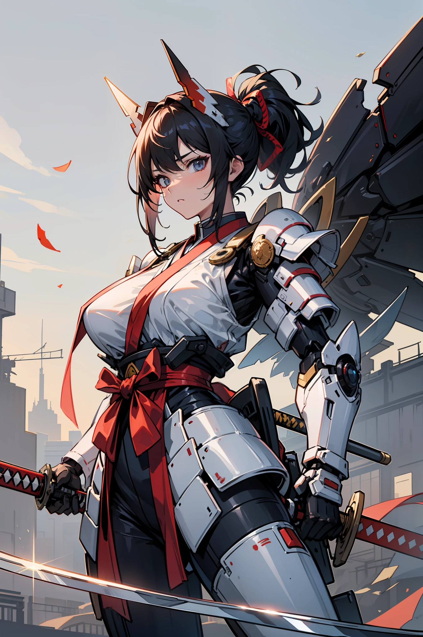 hyper quality, Hyper Detailed,Perfect drawing,Solo, Beautiful Girl, masutepiece, (mecha musume), Mechanical Armor, Headgear, mechanical wings, holding huge gunSamurai wielding a sword, Black ponytail, Hair tied up with a large red ribbon, Equipped with two Japan swords ((extra huge oversize cool samurai_sword in hands, extra huge cool weapon machine)), open stance, actionpose,purgatory,