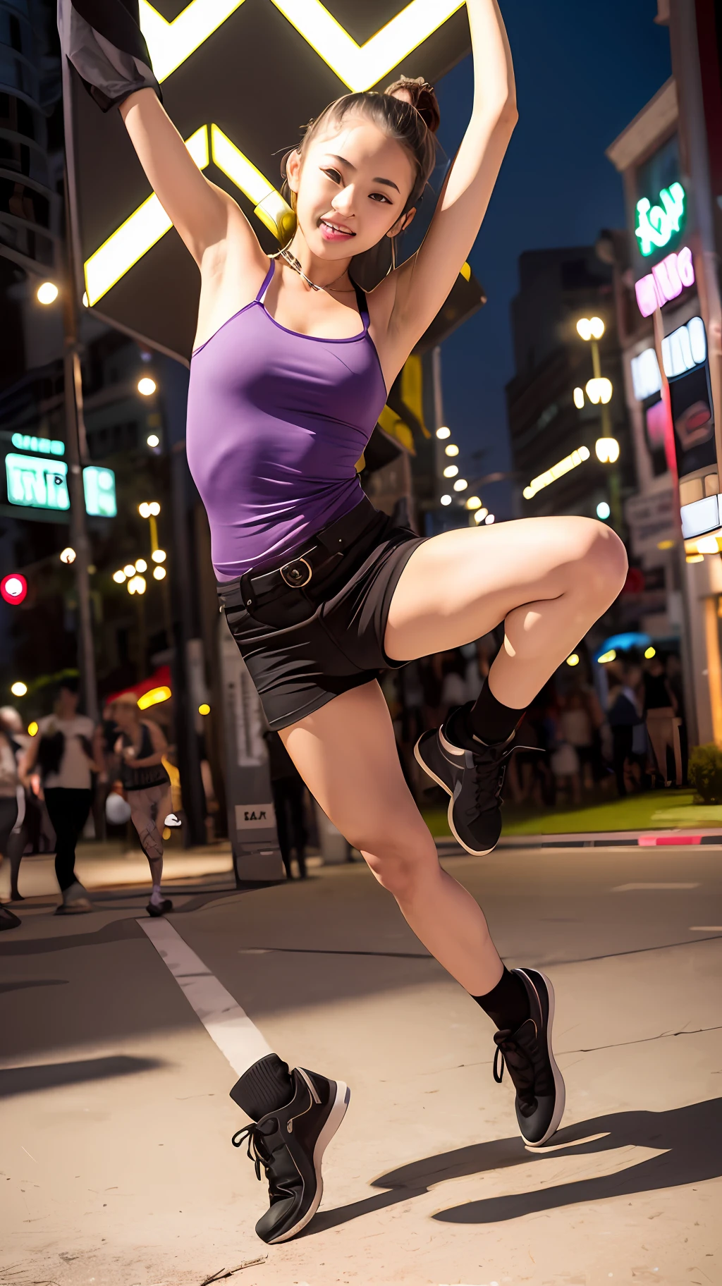 dancers、windmill、break dance、Night city、Street Fashion、Fashionable、 girl、Neon Street、Dance studio advertisement、超A high resolution、