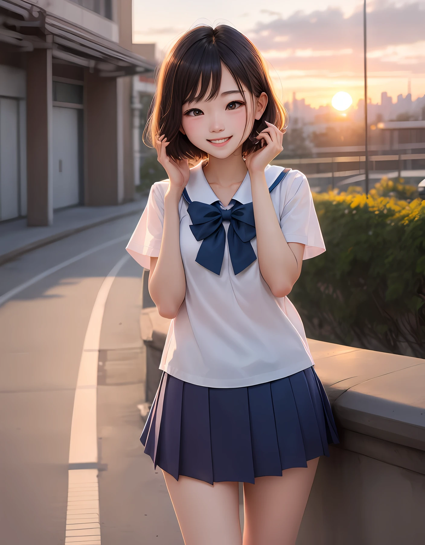 Short hair Shenzhen school uniform White and tender skin Bright smile Light in eyes Pure youth Sunset reached out and touched my cheek High school