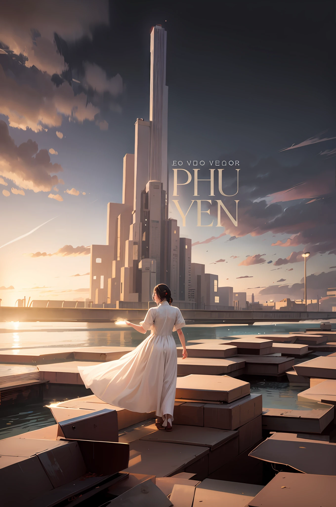 a woman in a white dress standing on a set of steps, album cover, album cover!, profile picture 1024px, ao dai, new album