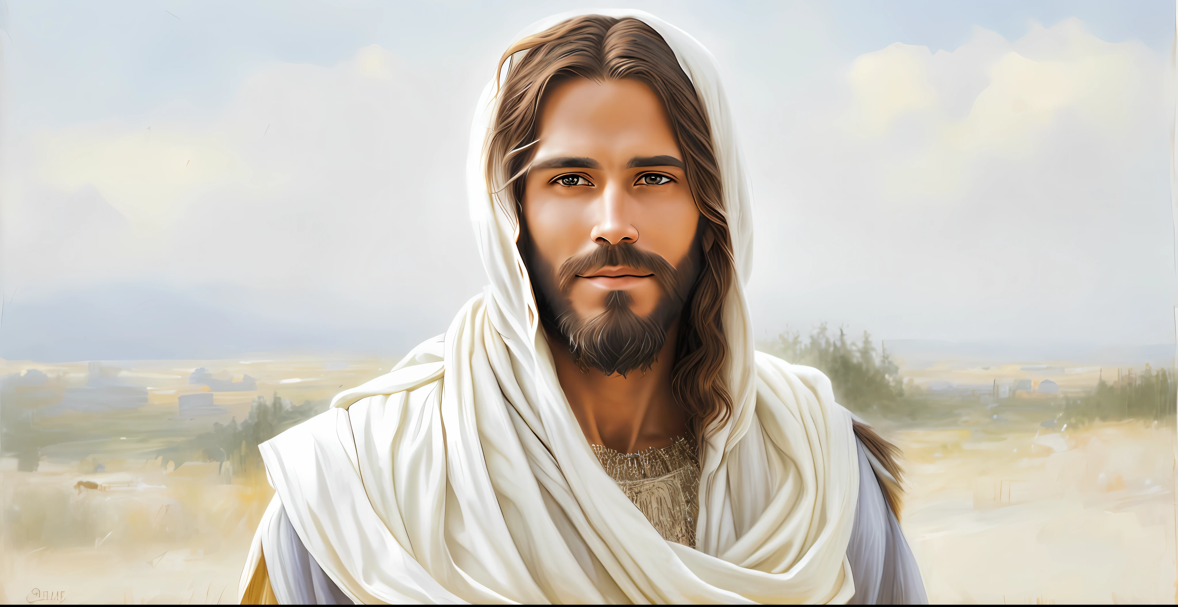 Man with beard and white shawl on his head, Jesus Christ, dressed as Jesus Christ, Jesus of Nazareth, face of Jesus, Greg Olsen, Jesus, Nicodemus, portrait of Jesus Christ, Lord and Savior, He is greeting you warmly.