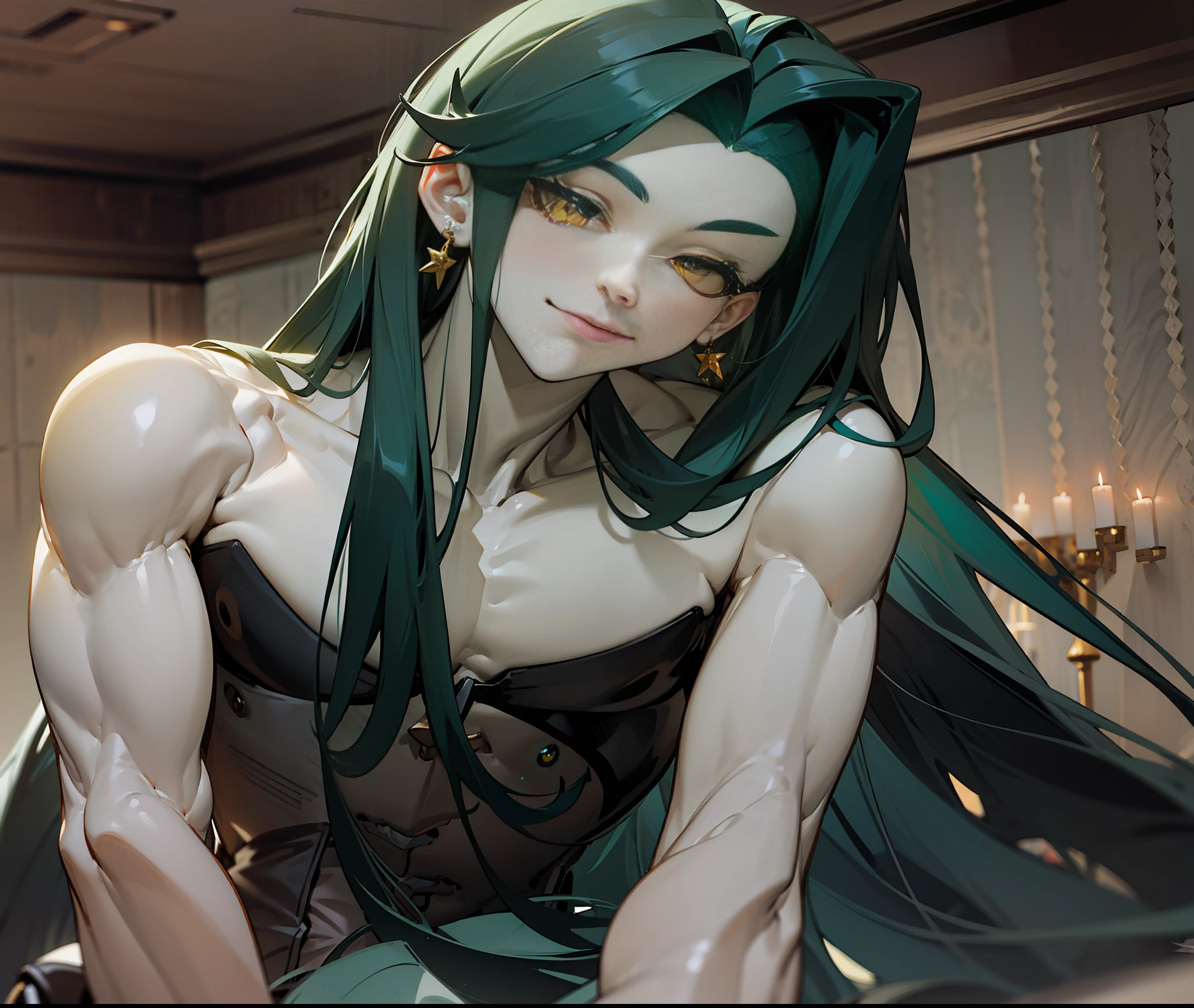 1boy, long hair, open forehead, dark green hair, long straight hair, yellow eyes, earrings, (()), thin body, pale skin, , yaoi boy, after , languid look, slight smile, cosmetics, long eyelashes, adults, head tilt, in full growth, corset