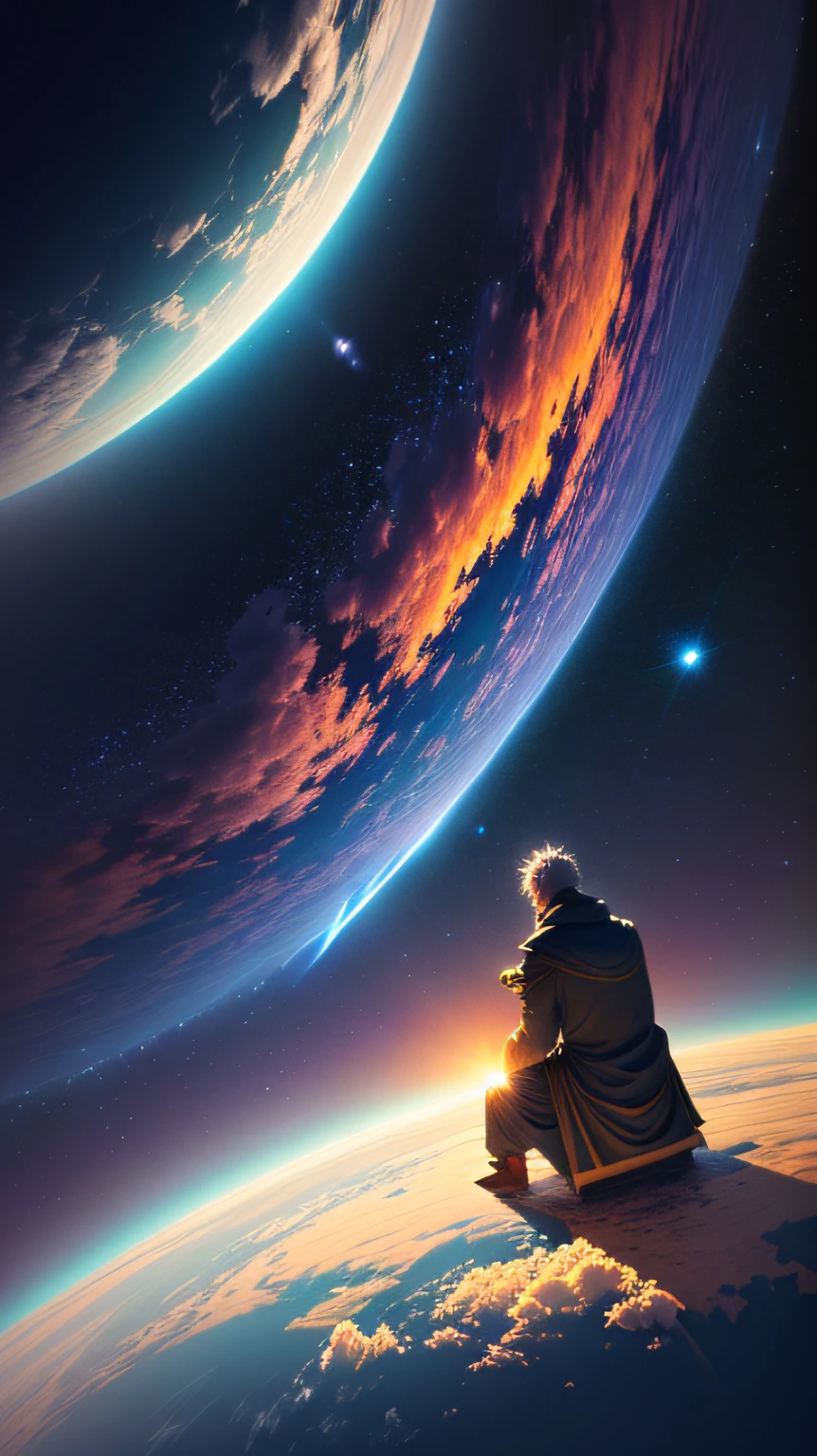 Um homem profeta olhando para as estrelas, (zoom out:1.1), (chuva de meteoros:1.2), (cometa:1.1), seu nome, low-up angle, from behind, aroura boreal, estrela cadente, yukata, vermelho quimono, flores de cerejeira, Standing in a field, melhor qualidade, obra-prima, nuvem, colorido, estrelado, estrelas, --auto
