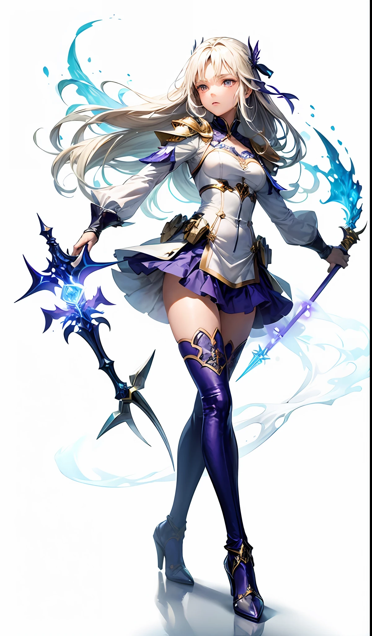 "(Aiz Wallenstein wielding his rapier at a dynamic angle), emphasis on his beautiful face, intense expressions, cabelo loiro, olhos dourados, roupa branca, e esgrima especializada, in a mixed media style with a touch of fantasy. Better illustration quality, high saturation, cores vibrantes, e detalhes delicados no tecido da roupa, movimento do cabelo, e efeitos de brilho. Blue and purple lighting for dramatic effect, with a white fantasy background and volumetric light to enhance the ethereal atmosphere. #Danmachi #fantasia #Mixed media"