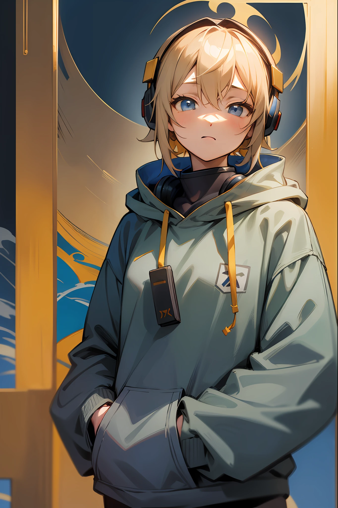 Yellow-haired, younge boy, self-assured, poster for, cheerful, Hooded sweatshirt, The upper part of the body, blue color eyes