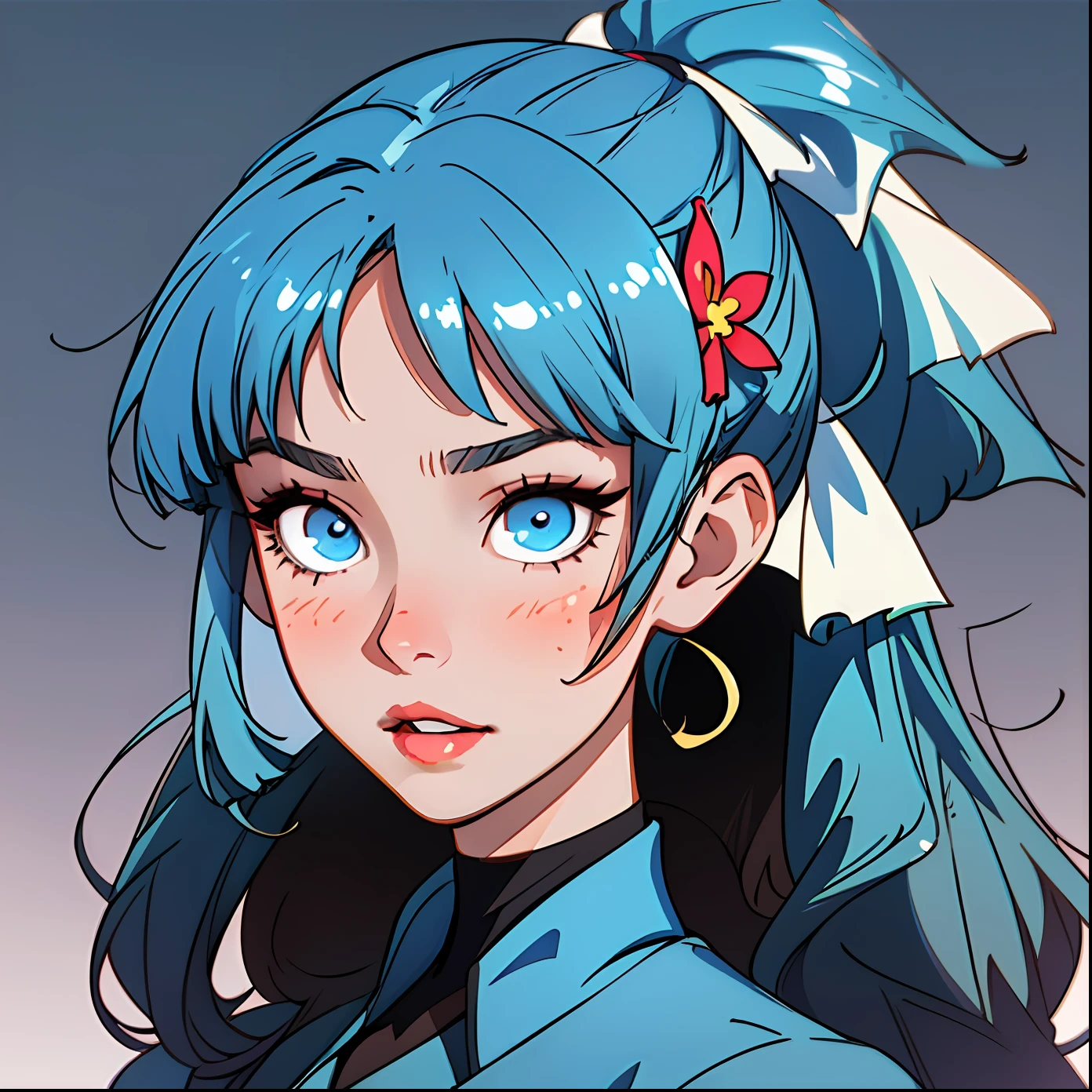 (masterpiece, sidelighting, finely detailed beautiful eyes: 1.2), masterpiece*portrait, realistic, 3d face, glowing eyes, shiny hair, lustrous skin, solo, embarassed, (midriff),alternative outfit, 1girl, solo,hair bow,butterfly hair ornament, lustrous skin, kamisato ayaka, ponytail, blunt bangs,hair flower,light blue hair, blue eyes, ponytail, medium breast,3D eye make up,blush